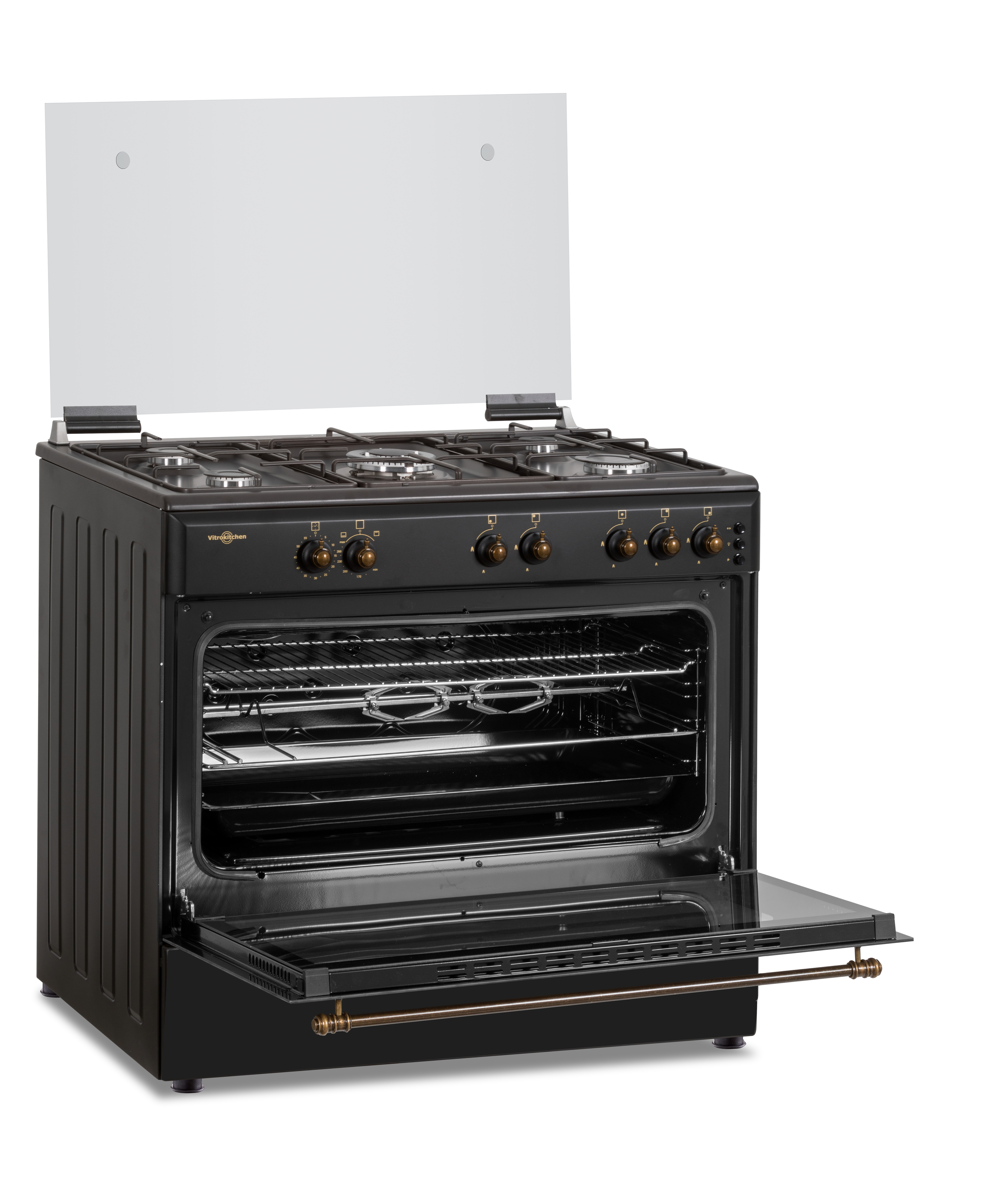 Horno negro con puerta abierta mostrando rejillas, tapa de vidrio y perillas de control.