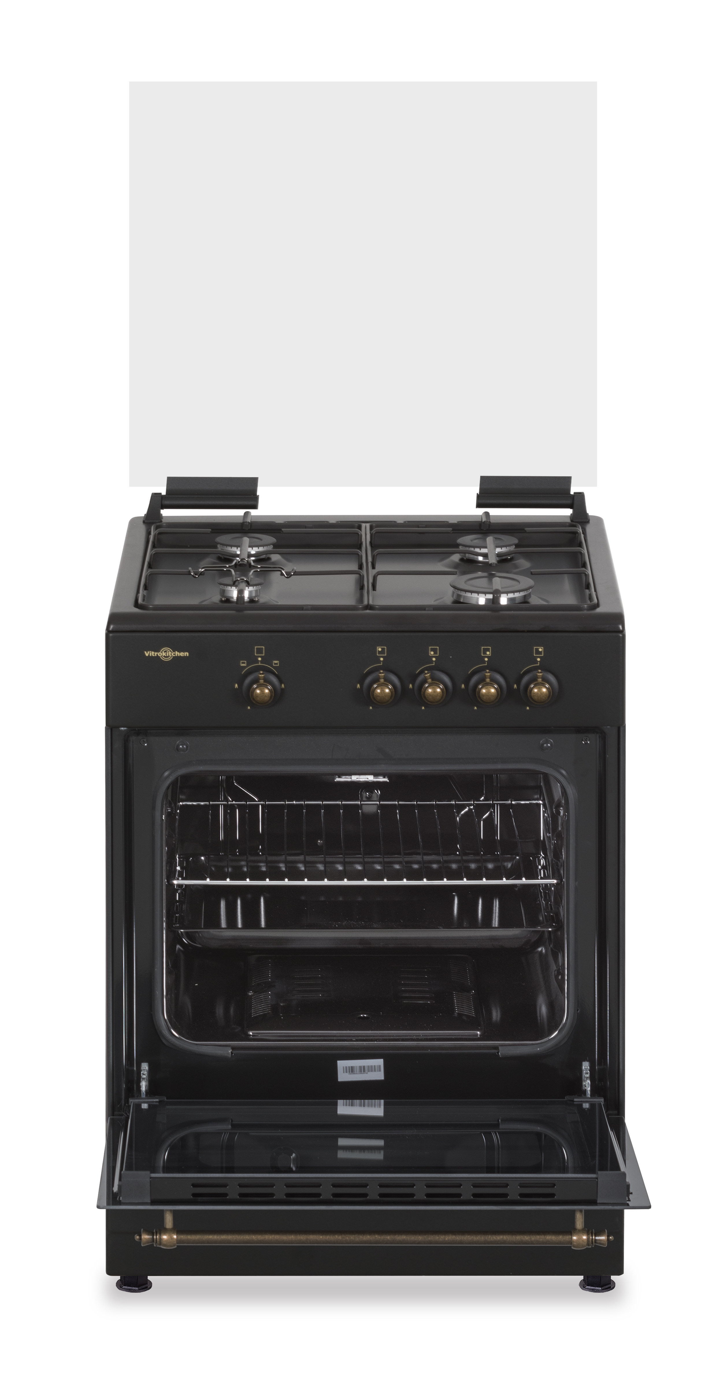 Cocina negra y dorada con la puerta del horno abierta, mostrando el interior, con una cubierta de vidrio encima.