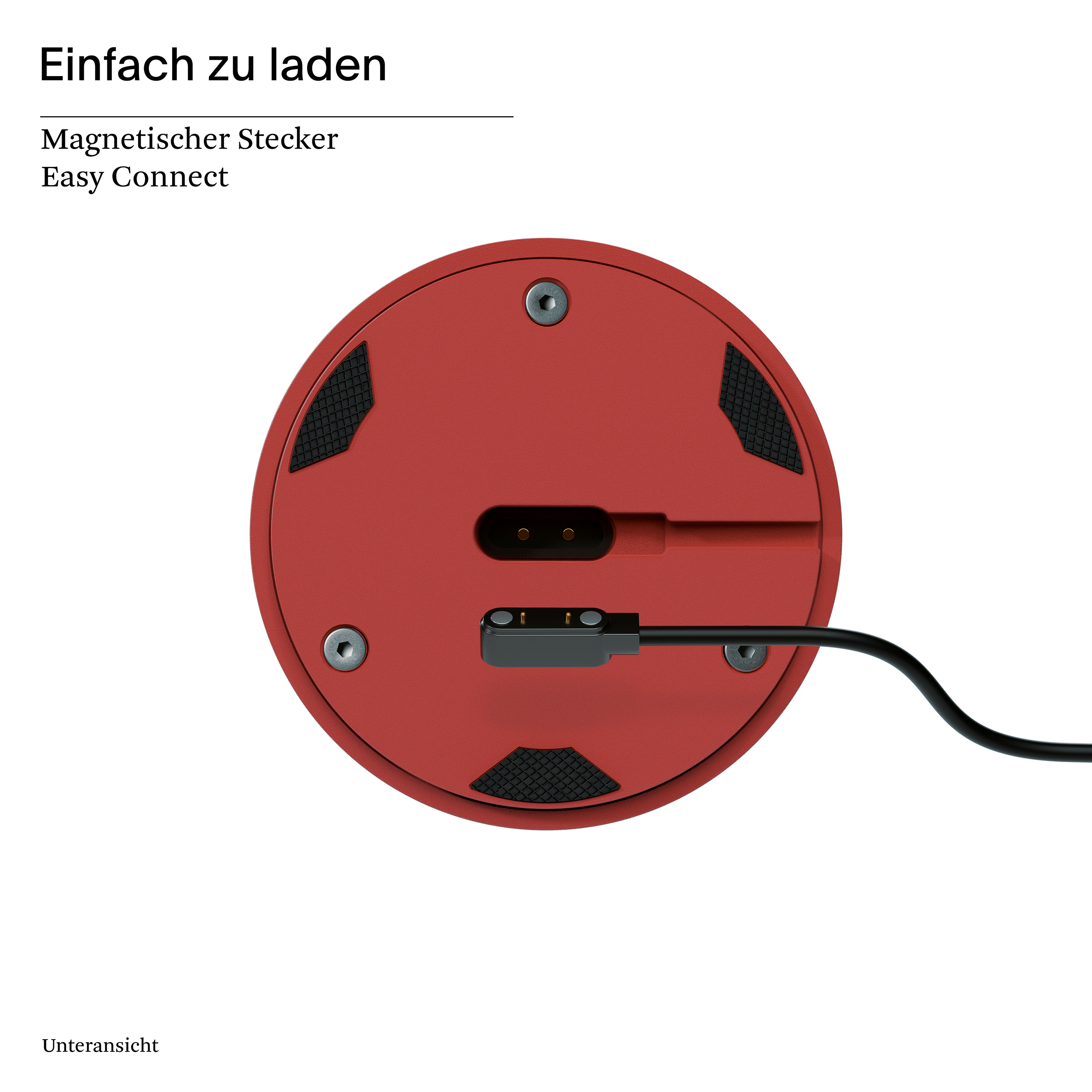 Ein roter magnetischer Ladeanschluss, mit einem schwarzen Kabel und den Worten „Easy Connect“ darüber geschrieben.