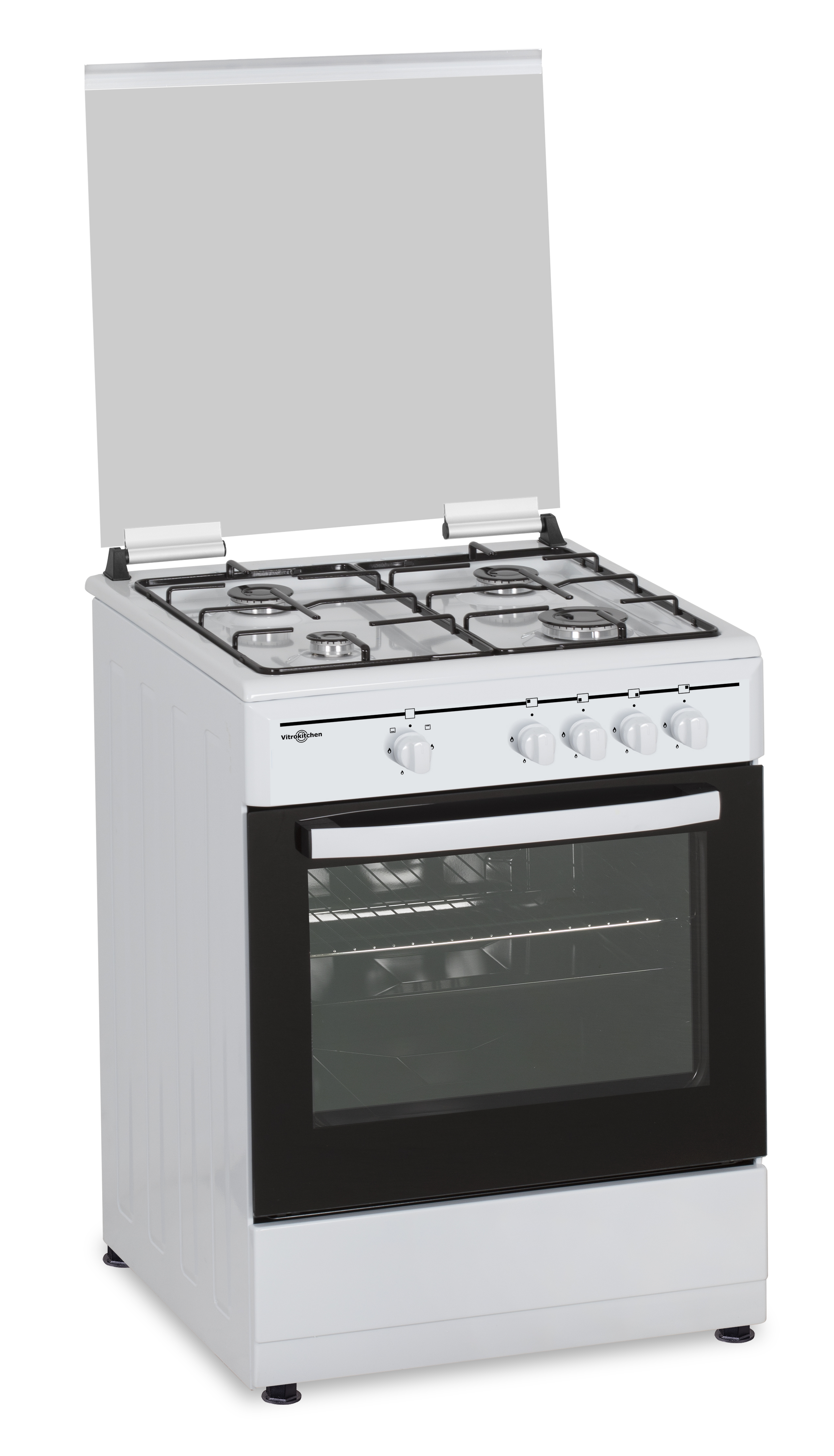 Estufa de gas blanca con cuatro quemadores y tapa de vidrio levantada. La puerta del horno es negra.