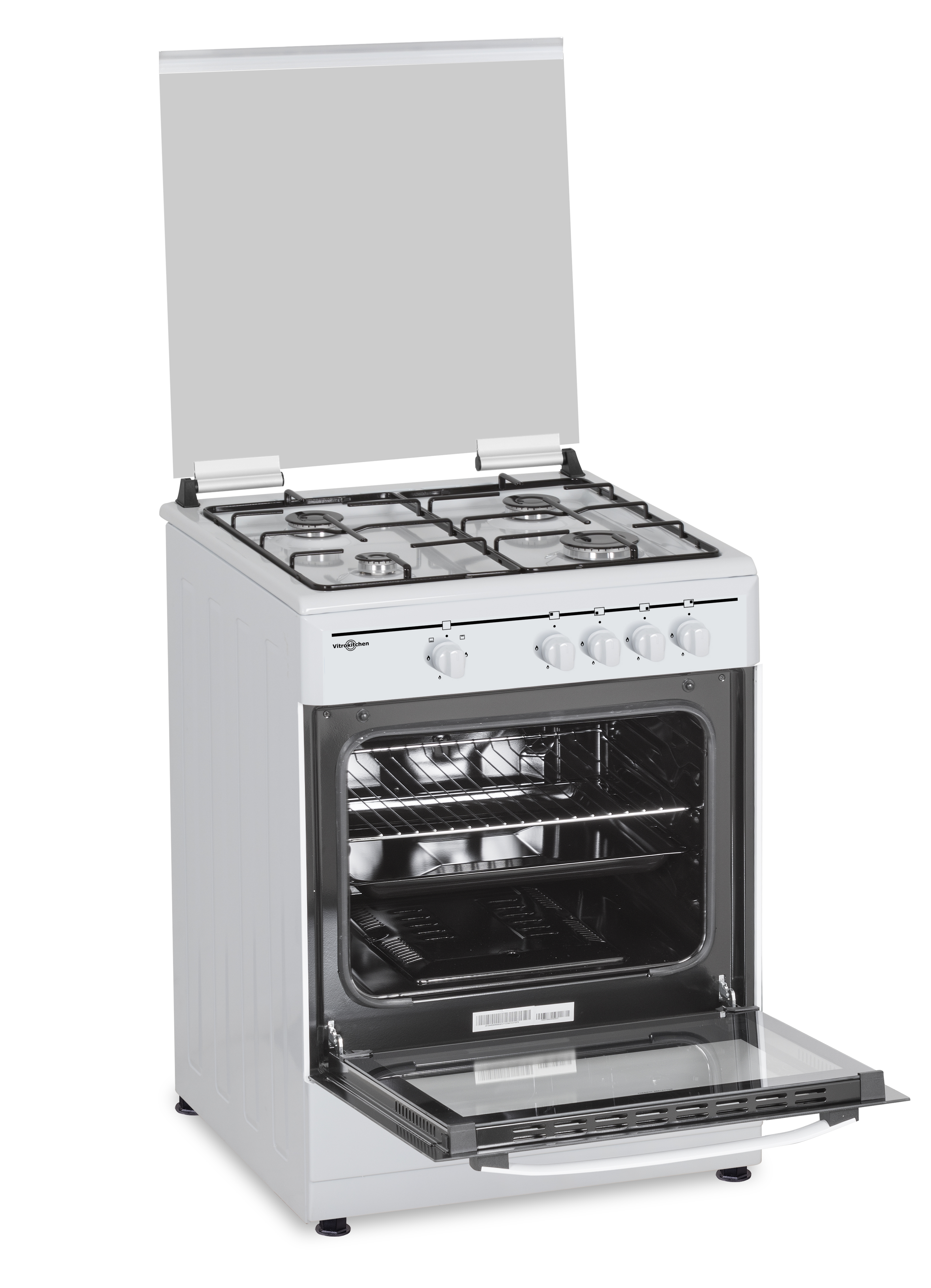 Un horno blanco con encimera de gas y puerta abierta, mostrando interior y controles.