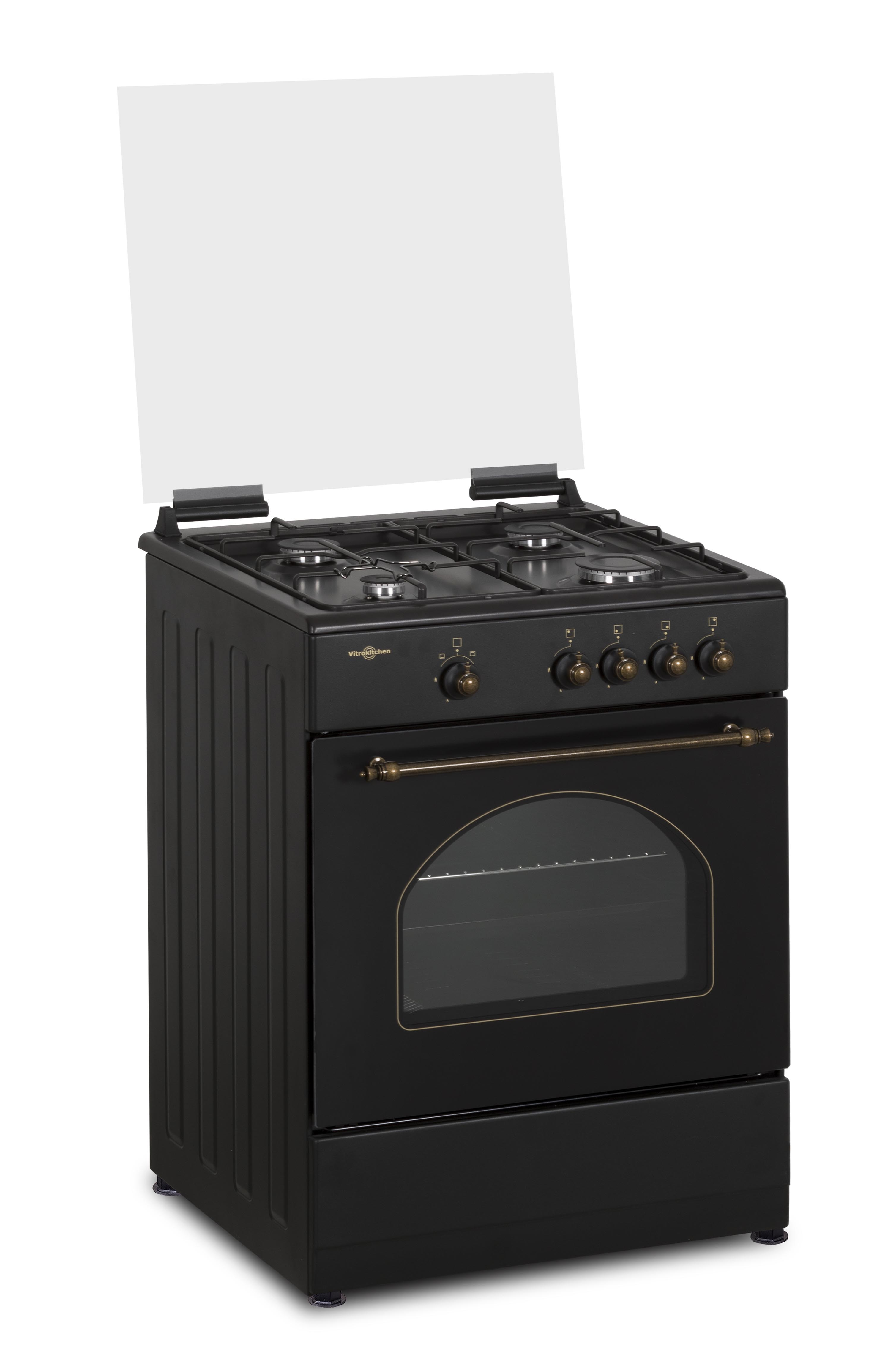 Cocina negra con cuatro quemadores, horno y tapa de cristal. Detalles y perillas doradas.