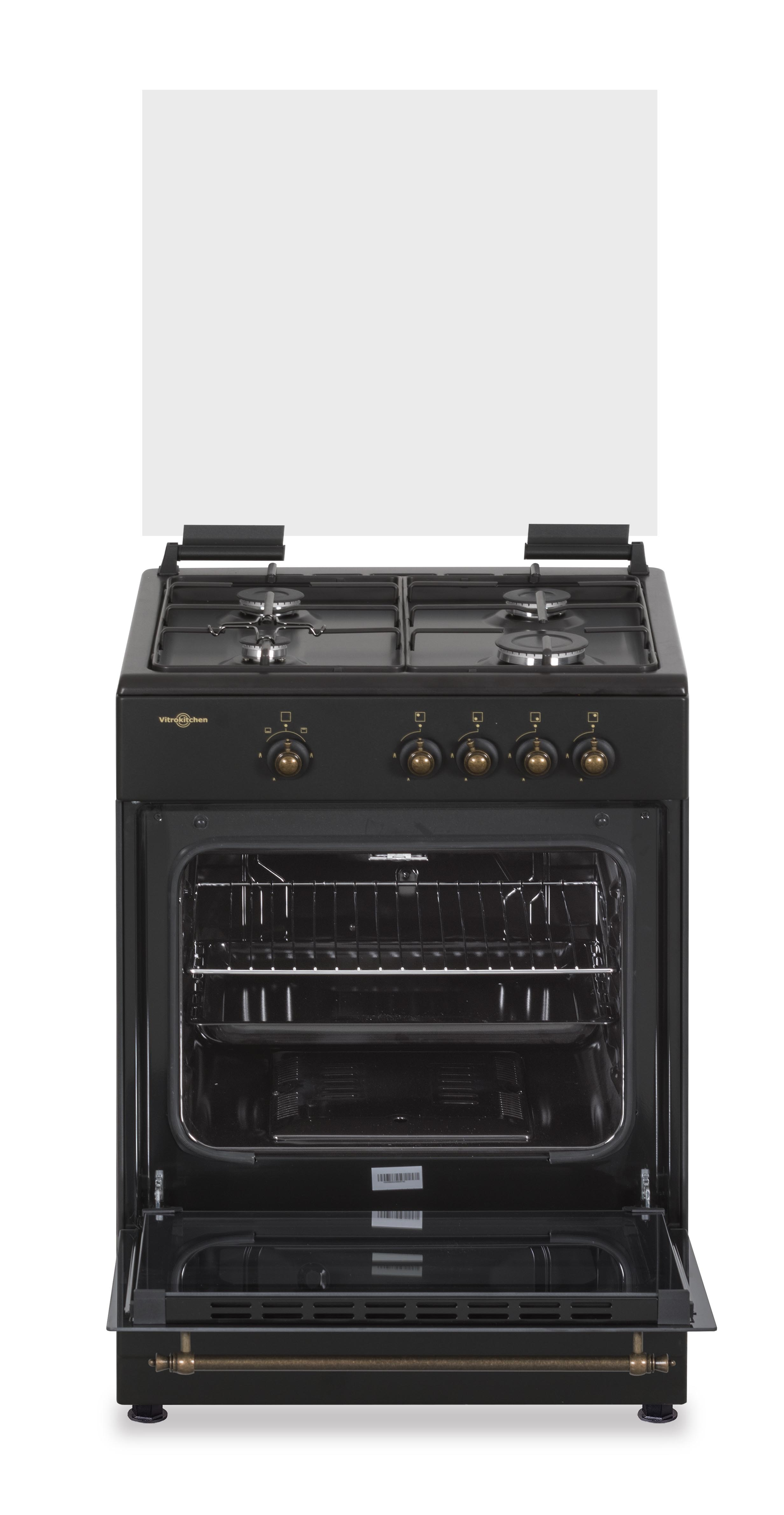 Un horno negro con tapa de cristal, abierto y mostrando el interior.