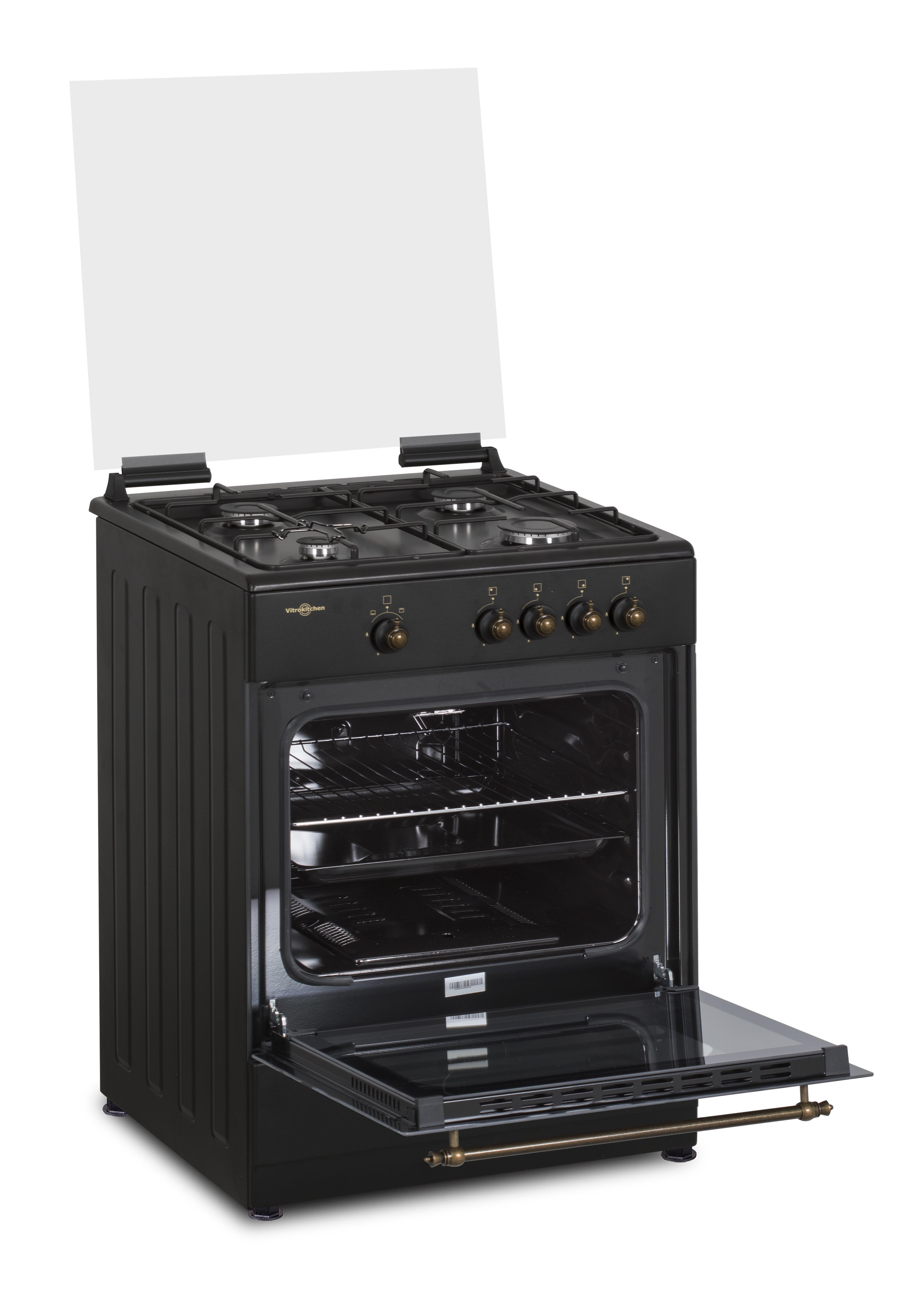 Horno negro de estilo retro con puerta y tapa abierta. Detalles dorados.