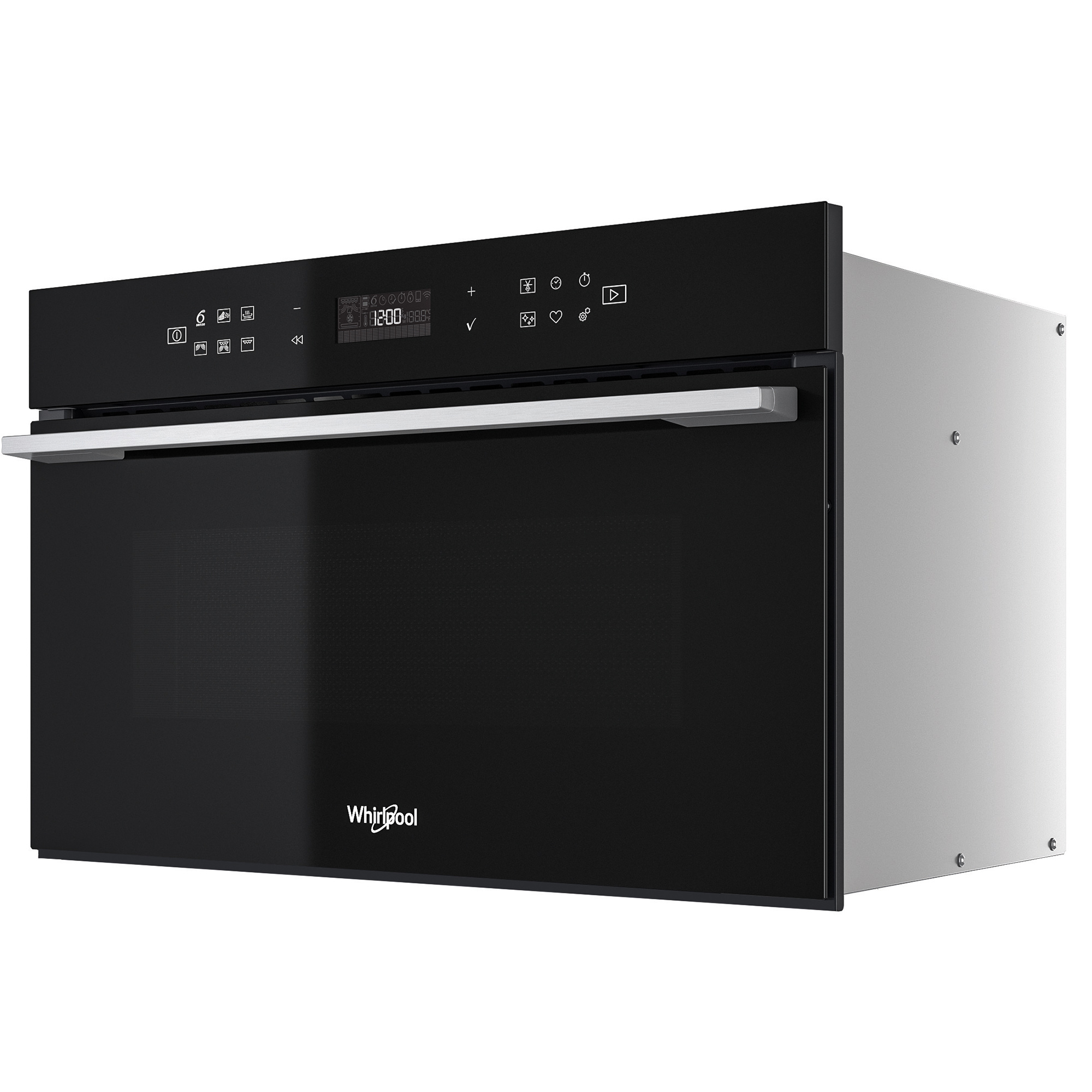 Forno a microonde nero con display digitale e pannello di controllo frontale.