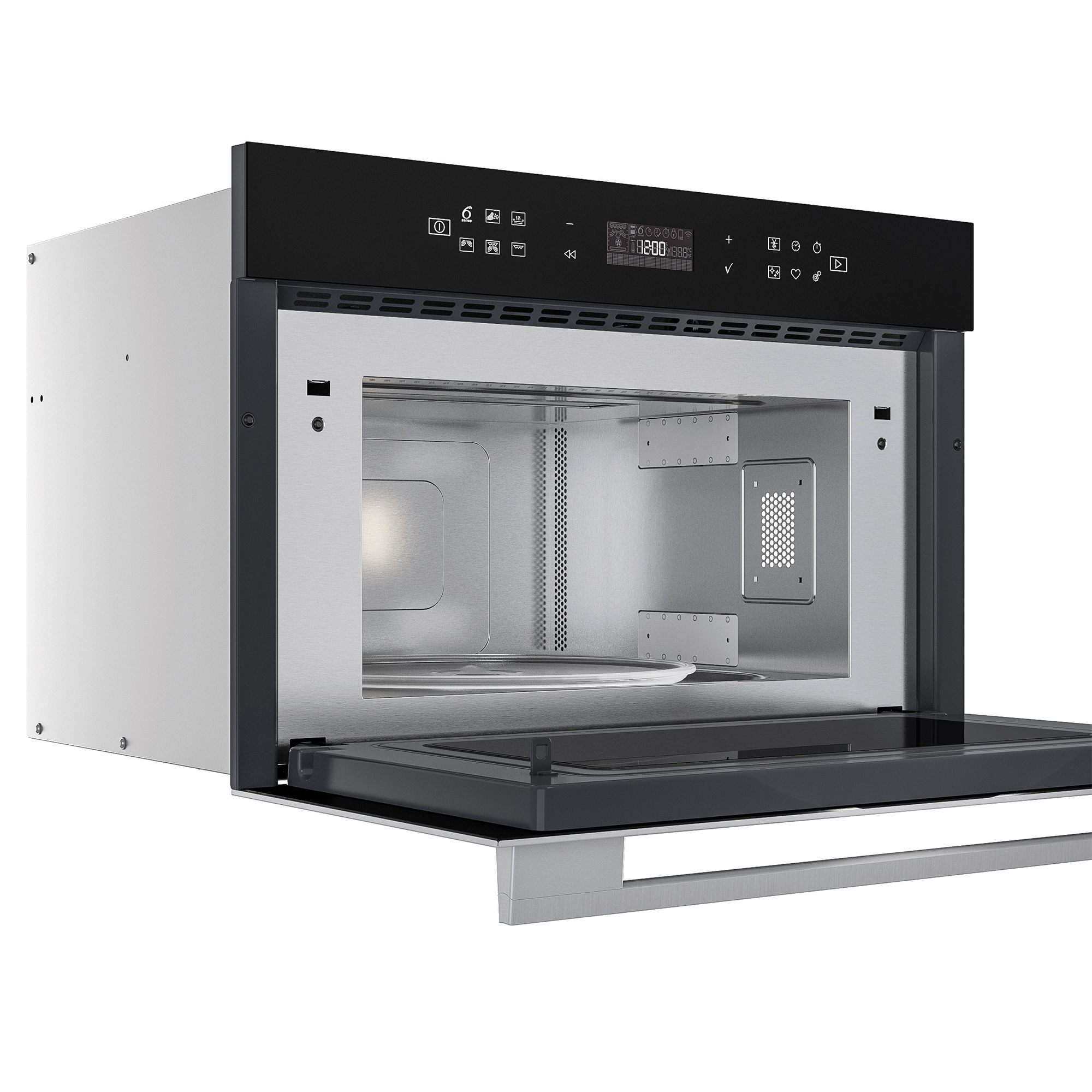 Un forno a microonde con la porta aperta. L'interno è visibile, con un pannello di controllo in alto.