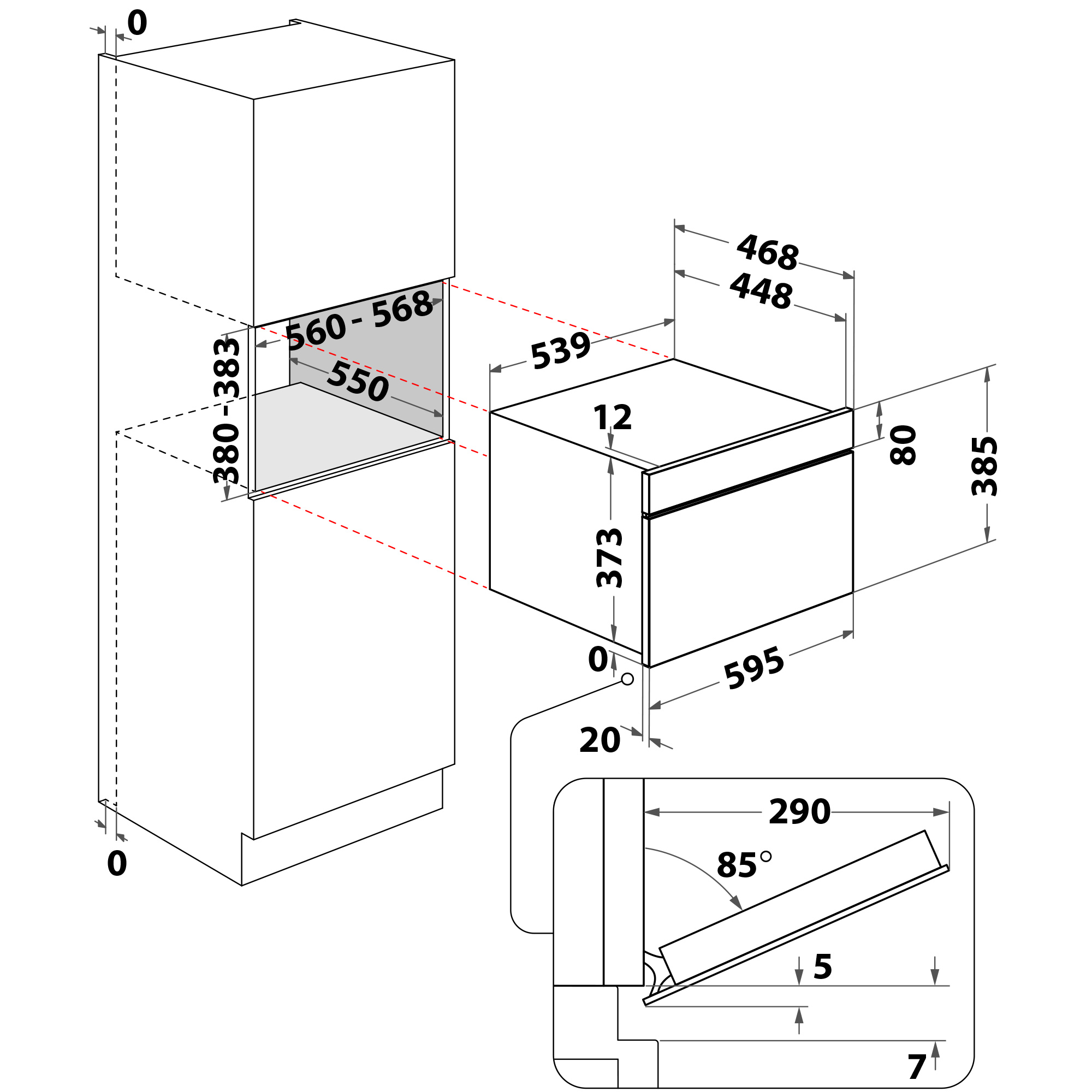 Disegno tecnico di un forno a incasso con dimensioni e dettagli angolari.