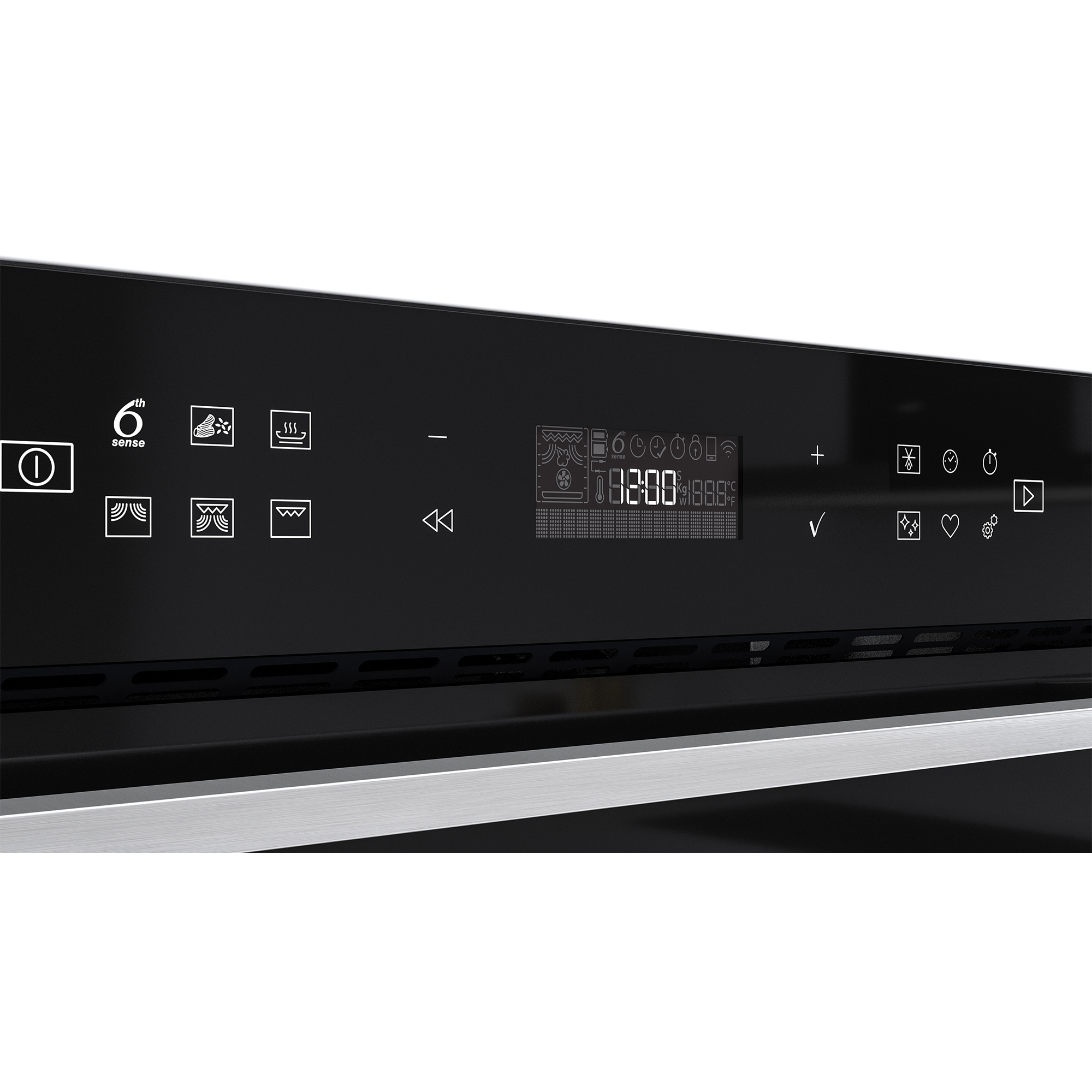 Primo piano di un pannello di controllo del forno nero con display digitale e varie icone.
