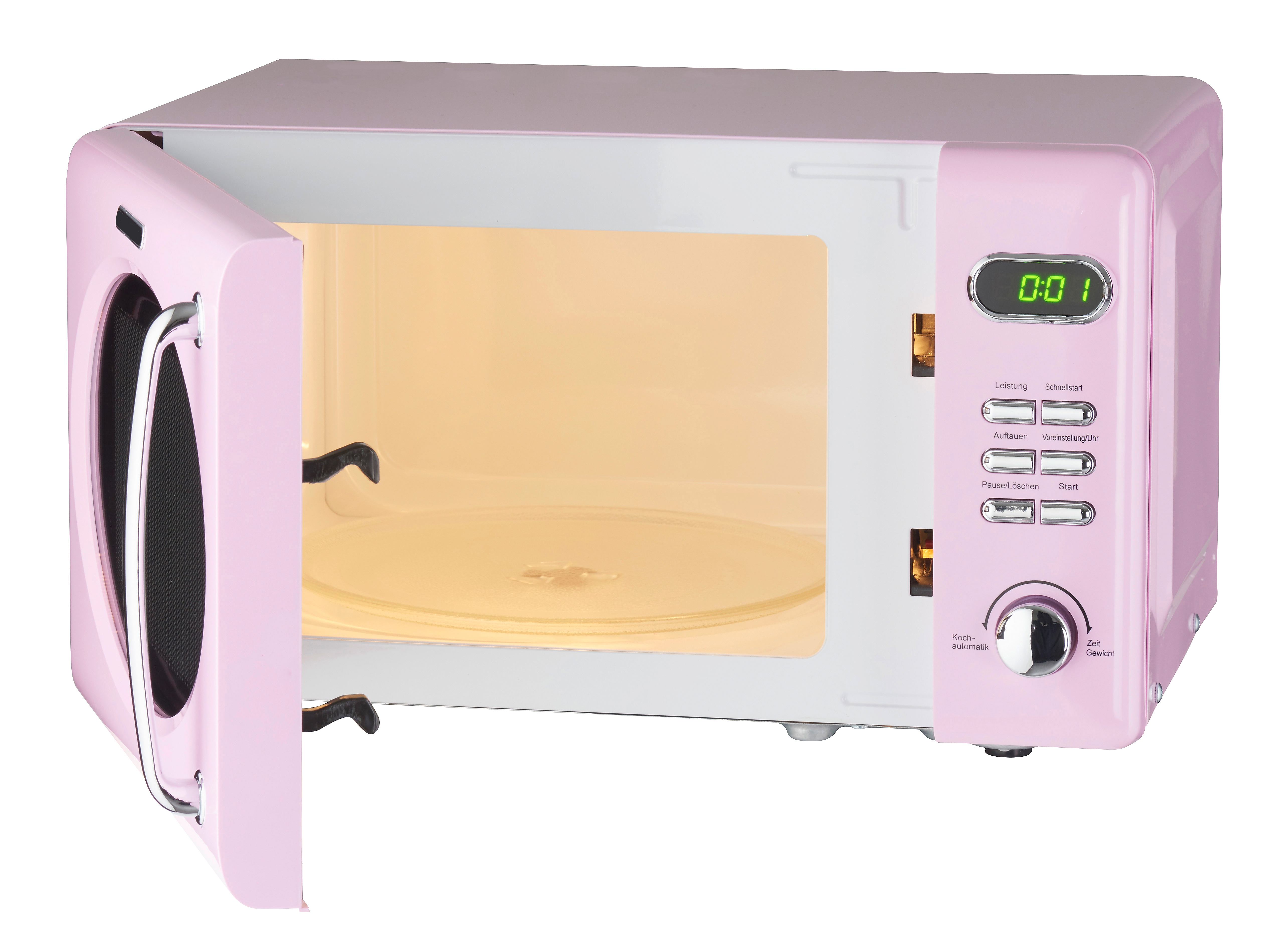 Eine rosa Mikrowelle mit geöffneter Tür. Der Innenraum ist beleuchtet, und die Digitalanzeige zeigt die Uhrzeit.