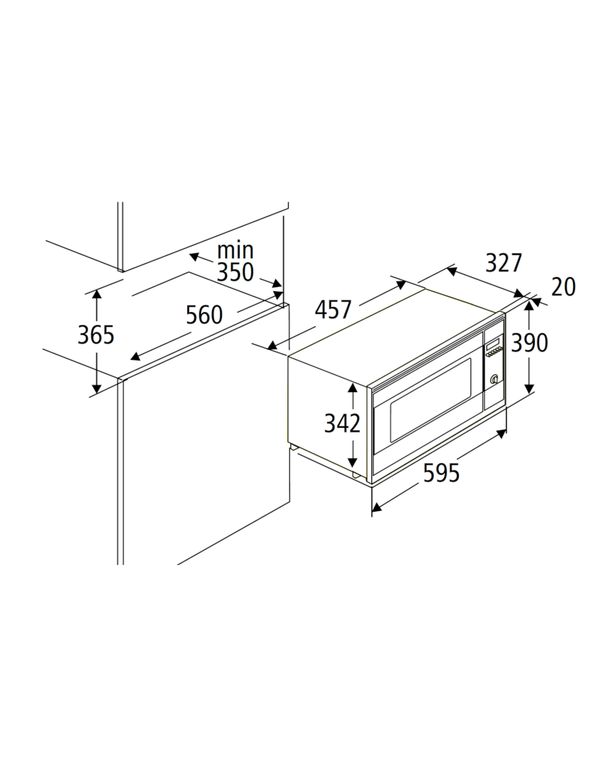 Ein Diagramm eines Mikrowellenherds mit Messungen auf weißem Hintergrund.