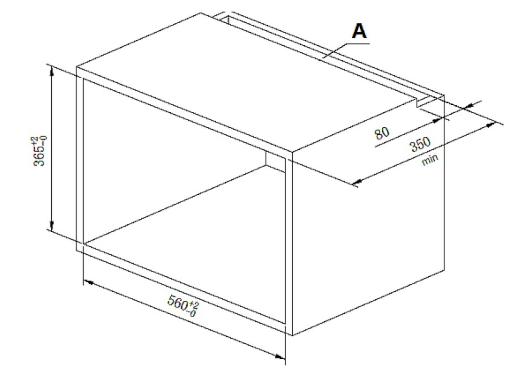 Eine technische Zeichnung einer rechteckigen Box mit Abmessungen und Beschriftungen.