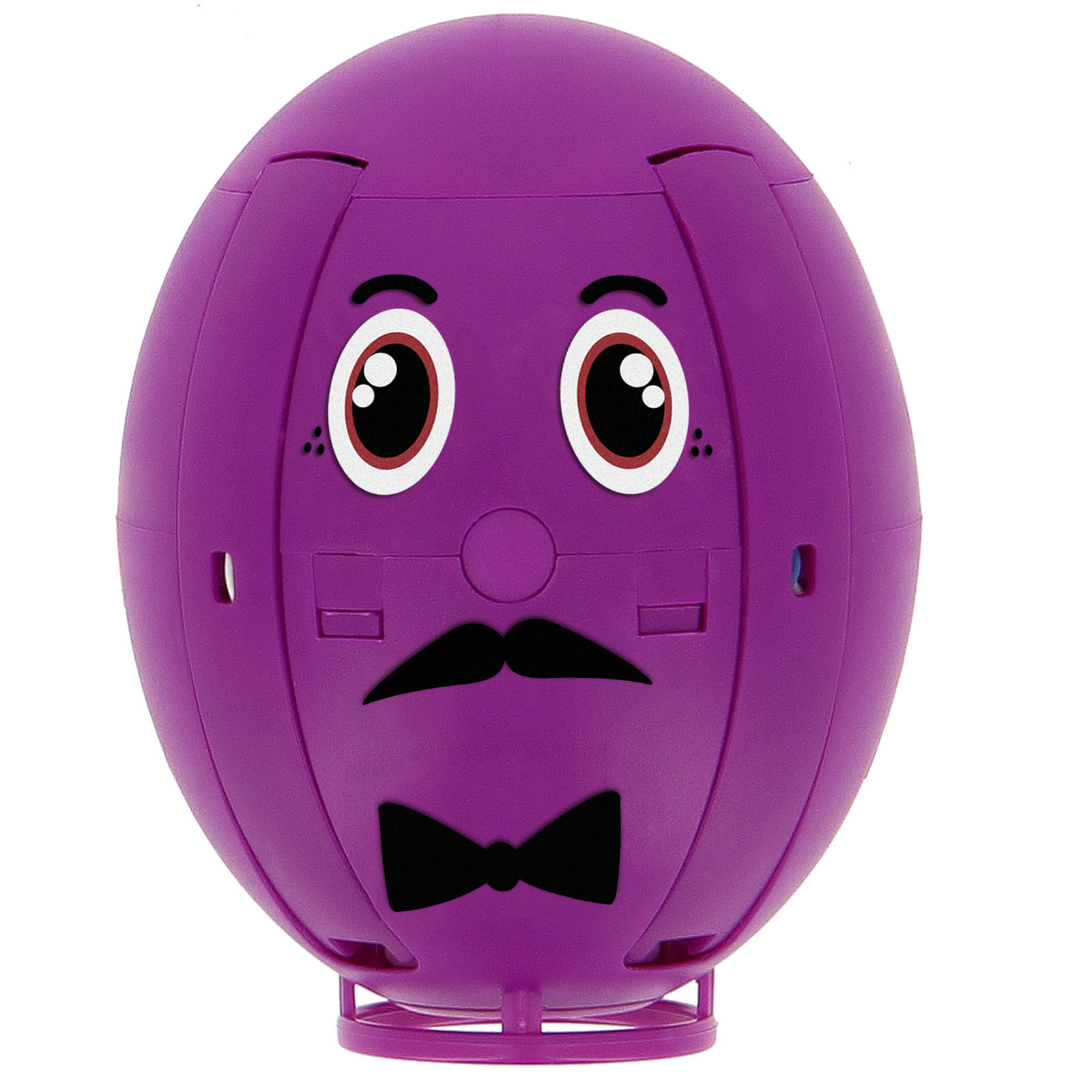 Giocattolo a forma di uovo viola con occhi, baffi e papillon. Il giocattolo ha una faccia sorridente.