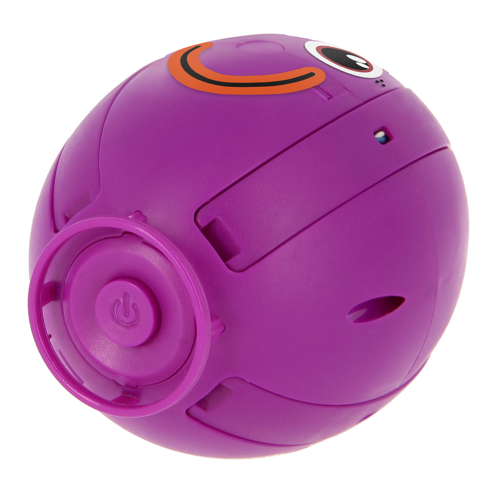 Giocattolo robot sferico viola con occhi e dettagli arancioni, sfondo bianco.