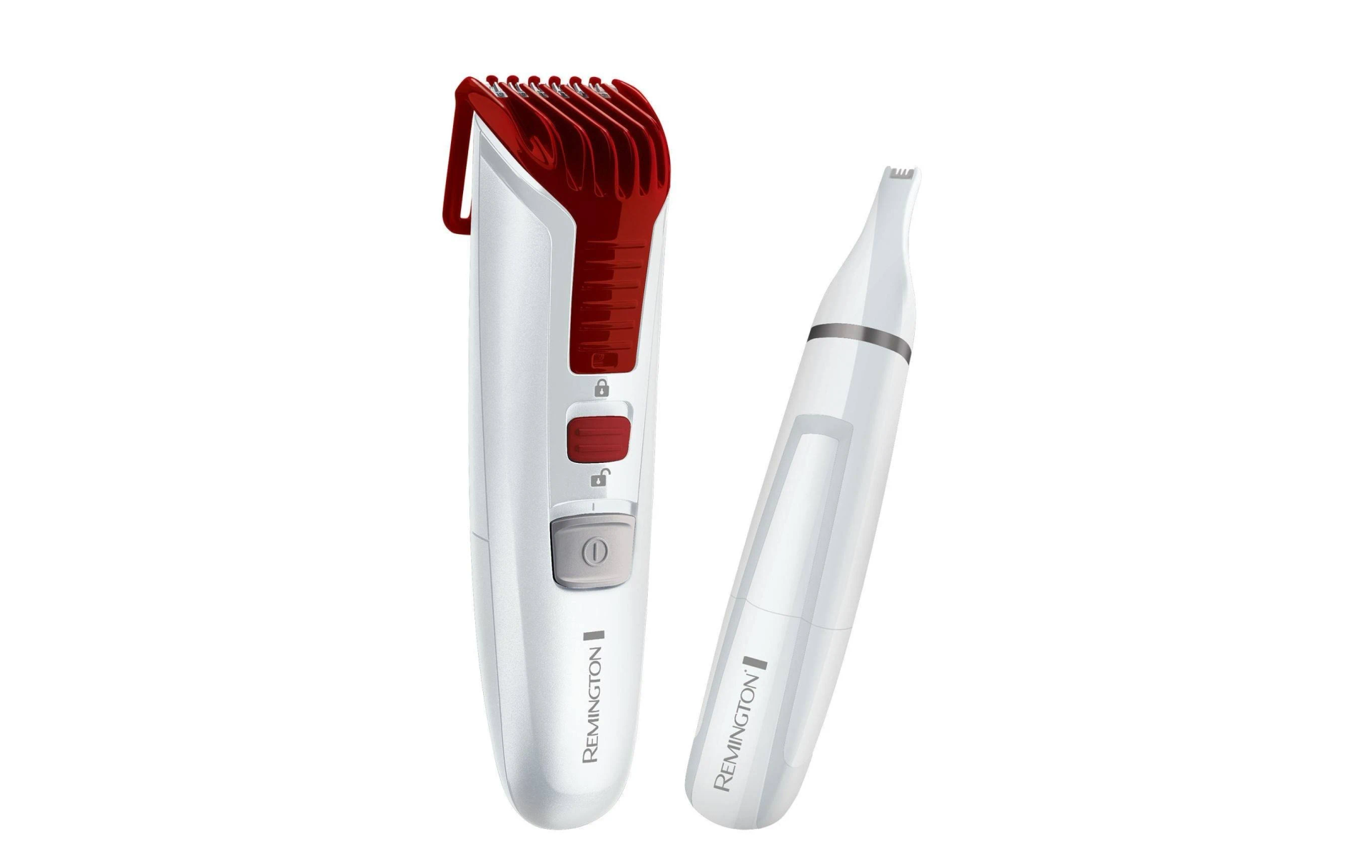 Dos dispositivos de aseo Remington blancos y rojos: un recortador de barba y un recortador de vello nasal.