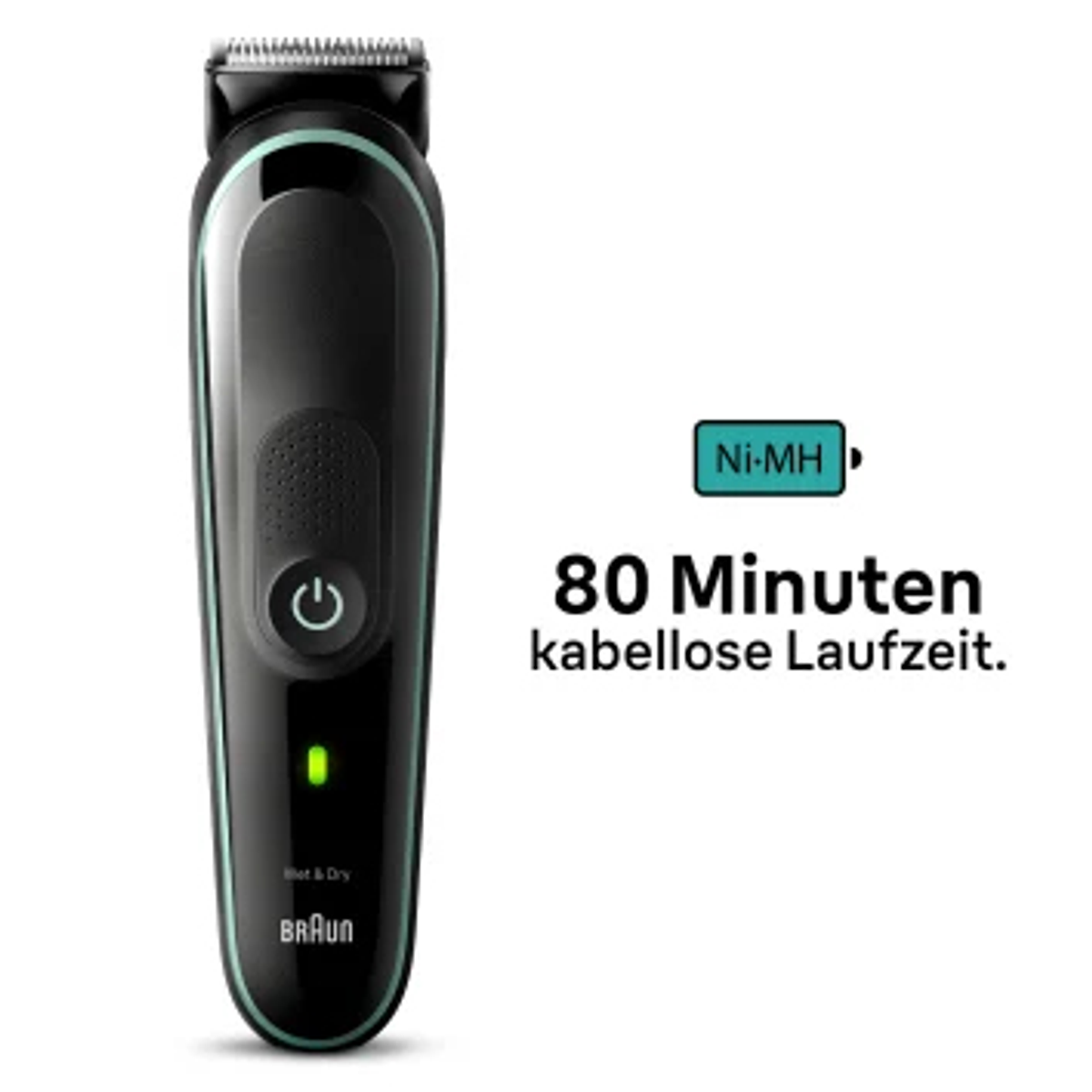 Schwarzer und grüner Barttrimmer. Text: '80 Minuten kabellose Laufzeit'. Ni-MH-Akku-Symbol.