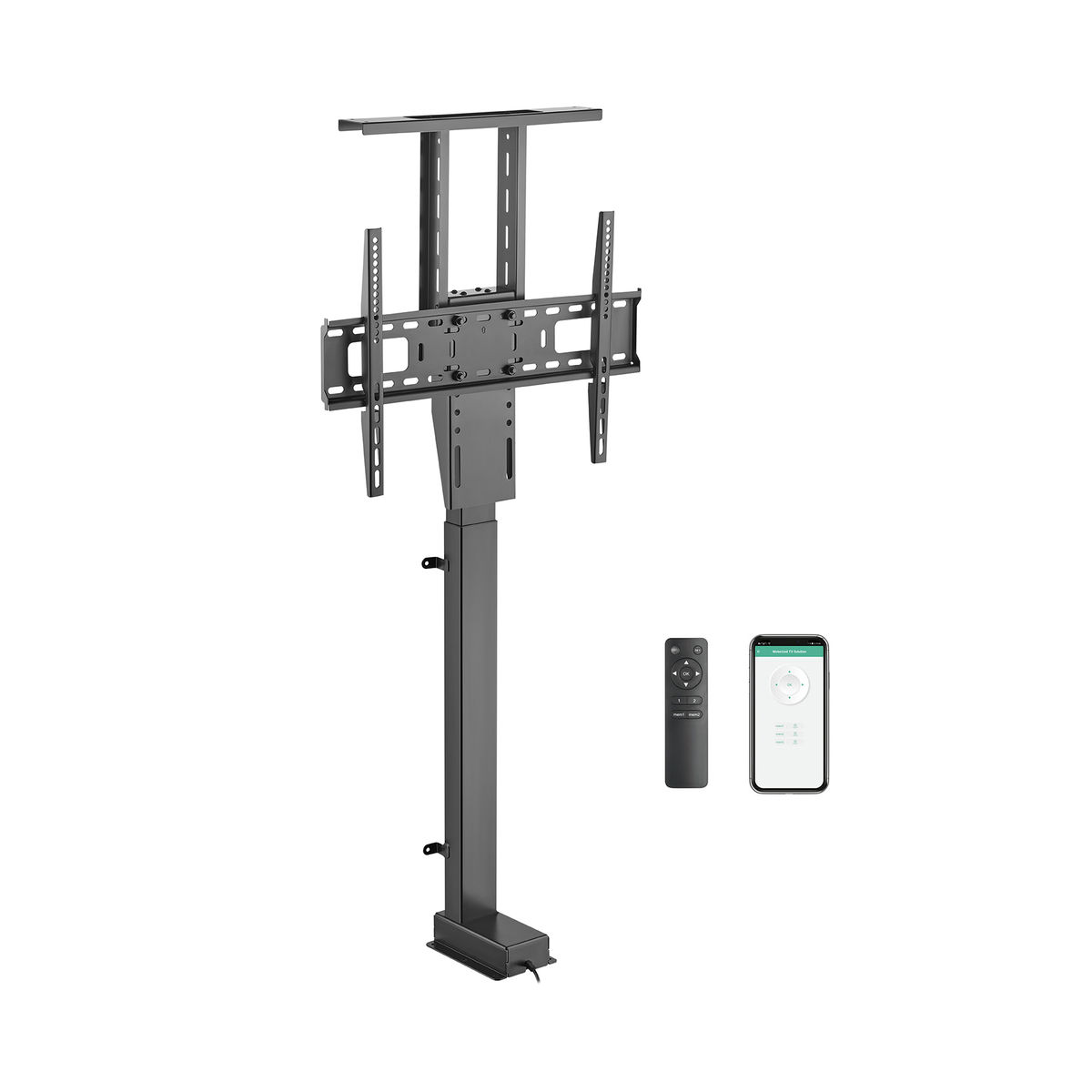 Zwarte tv-beugel met afstandsbediening en telefoon. De beugel is hoog, zwart en ondersteunt een tv.