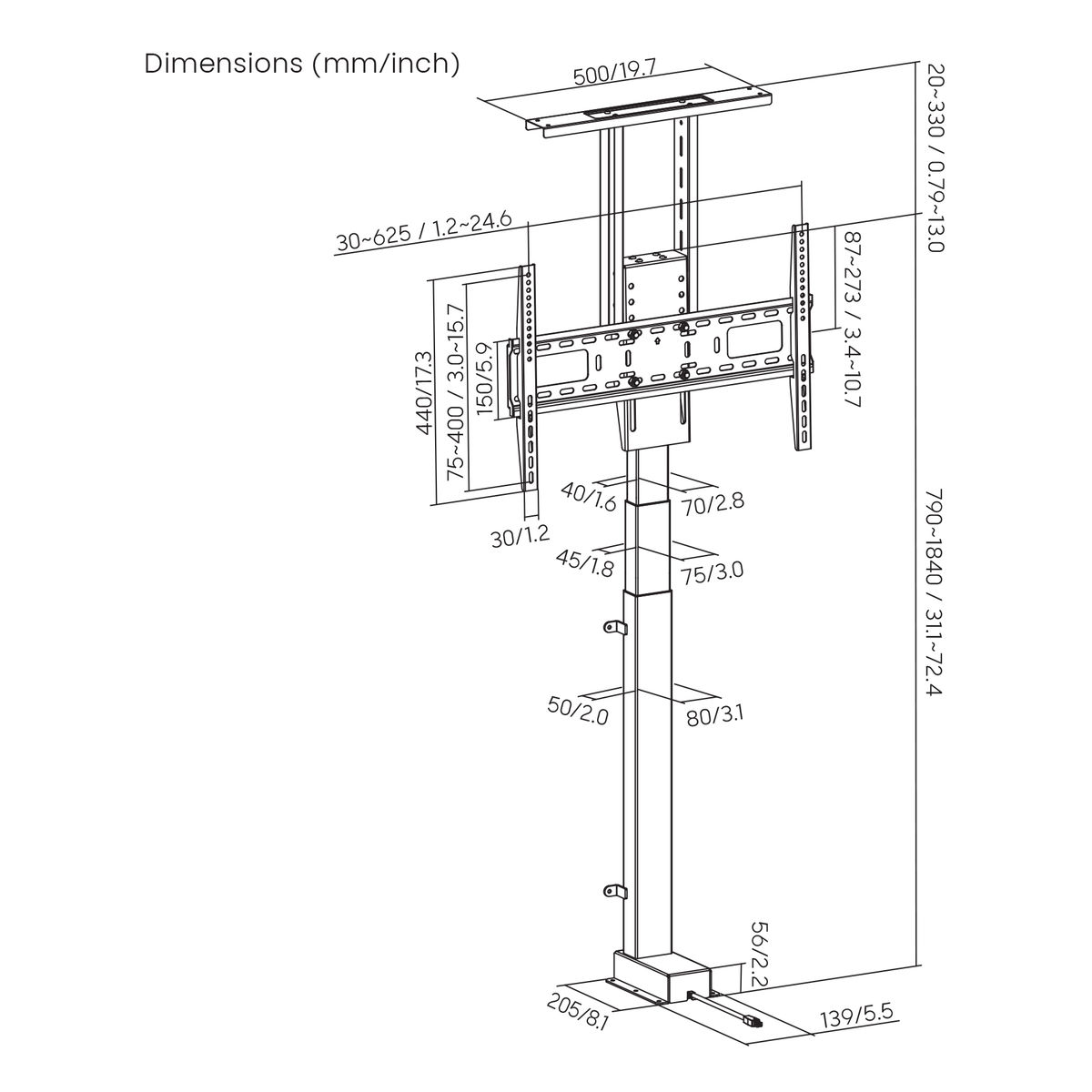 Technische tekening van een tv-wandbeugel met afmetingen in mm/inch. De beugel is metaal.