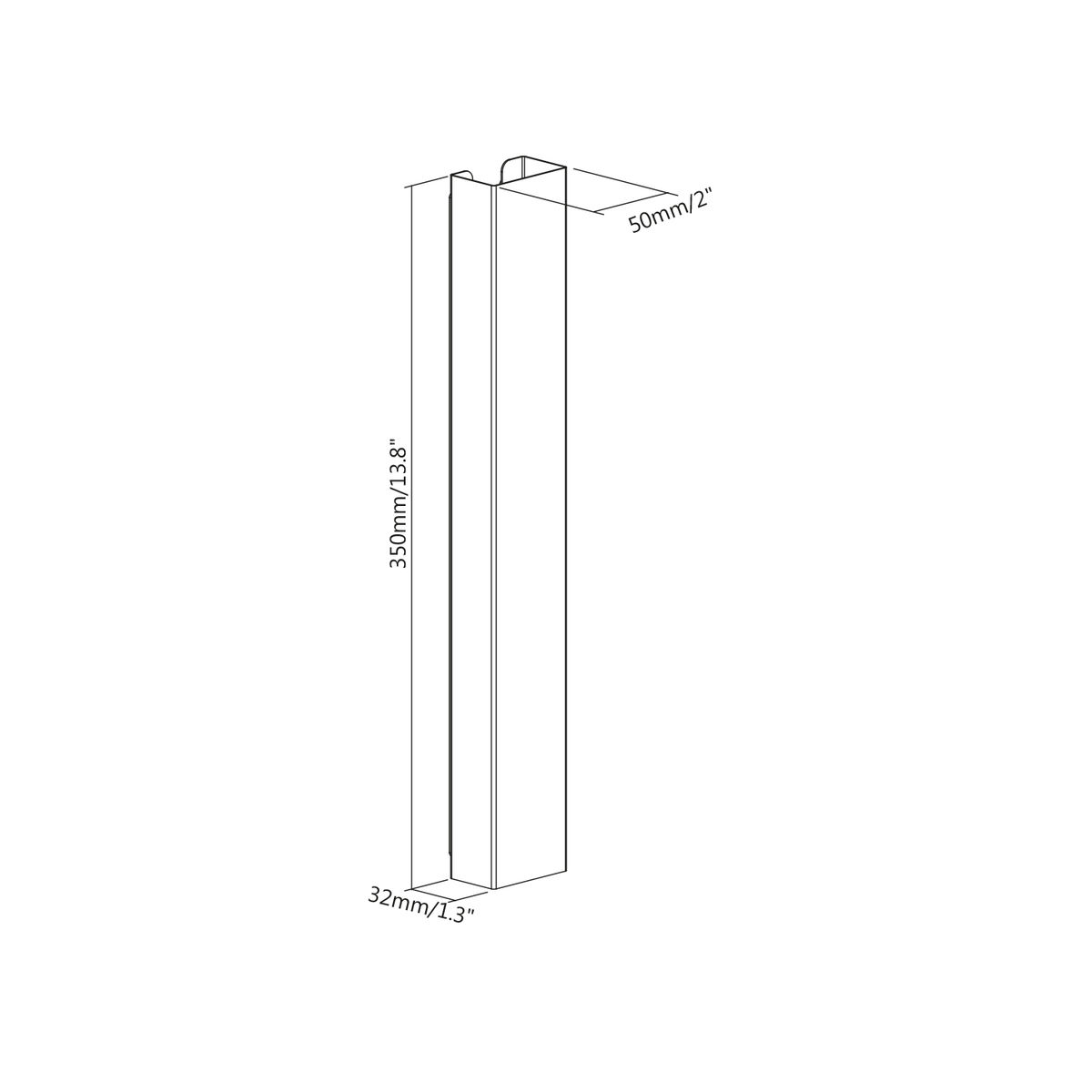 Vista isométrica de un objeto rectangular blanco. Se muestran las dimensiones. Fondo blanco.
