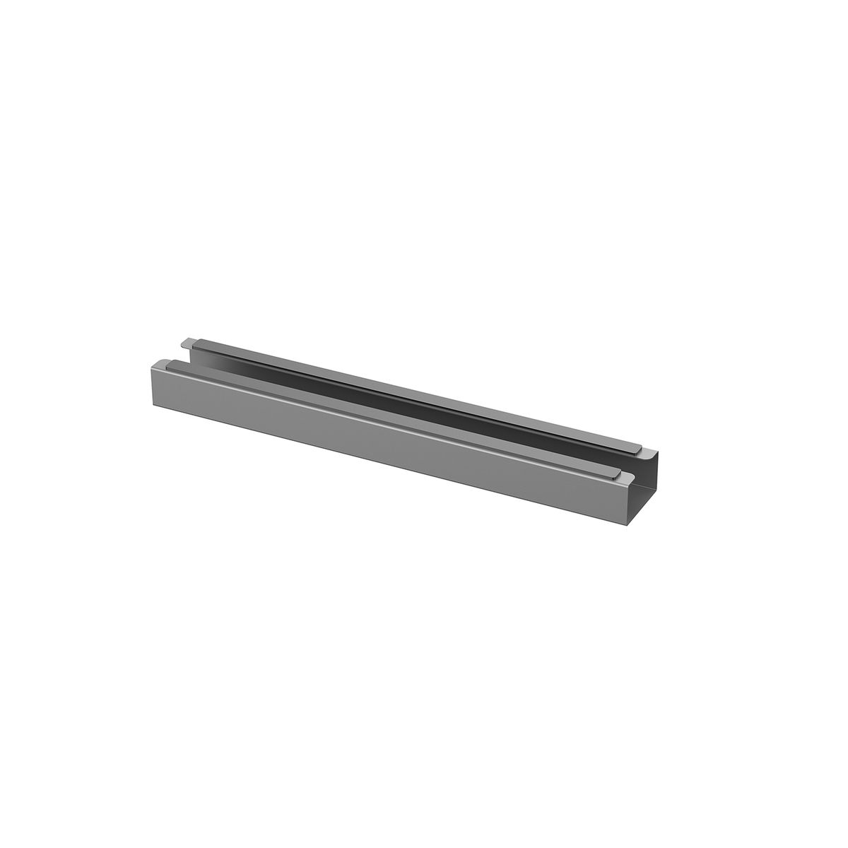 Riel metálico gris, recto, largo y rectangular. Fondo gris claro.