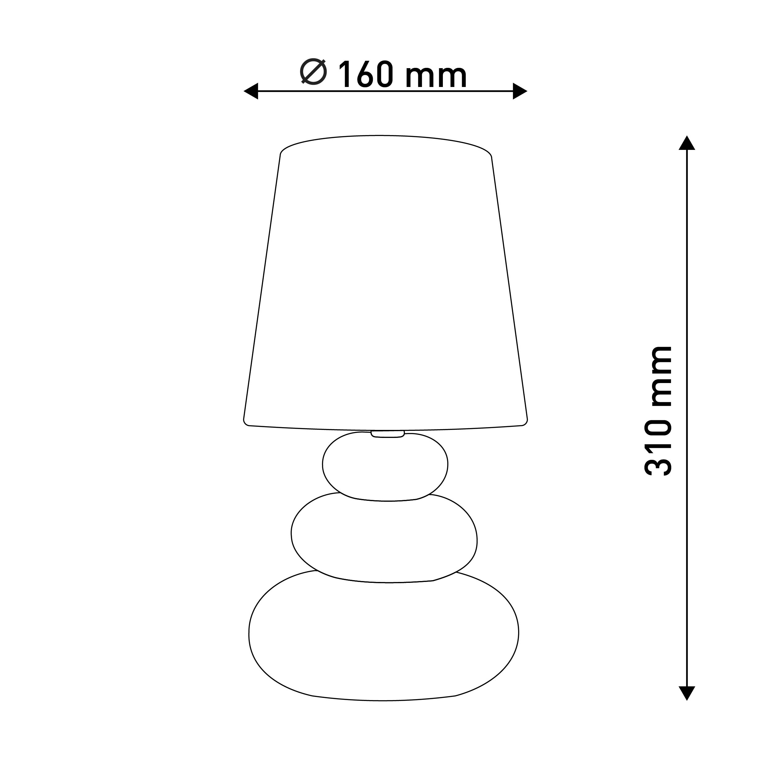 Strichzeichnung einer Lampe. Die Abmessungen sind 160 mm und 310 mm. Weißer Hintergrund.