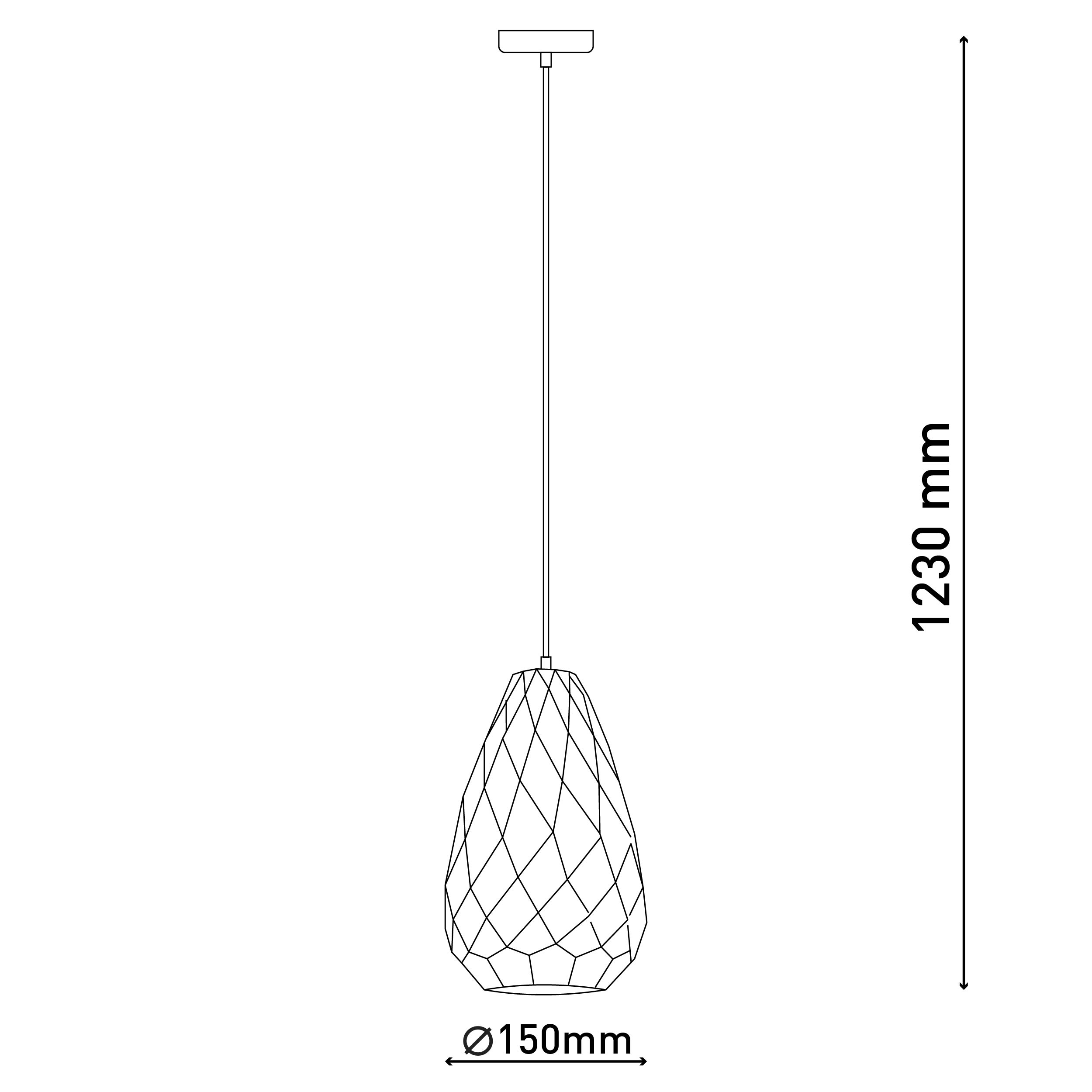 Eine Pendelleuchte mit rautenförmigem Lampenschirm, von einem Draht hängend. Durchmesser 150 mm, 1230 mm lang.