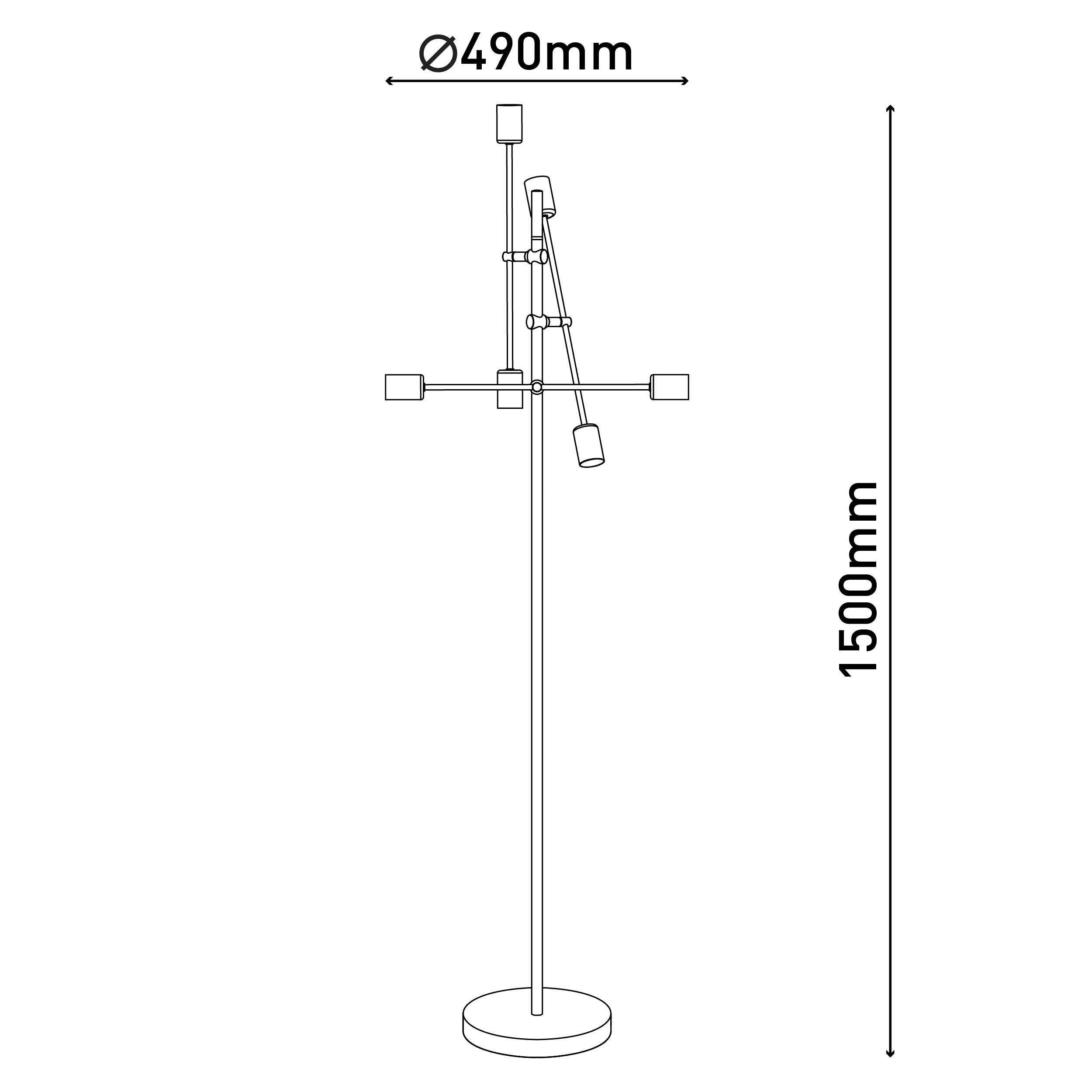 Strichzeichnung einer Stehlampe. Sie hat einen runden Fuß, eine hohe Stange und mehrere nach außen ragende Lichter.