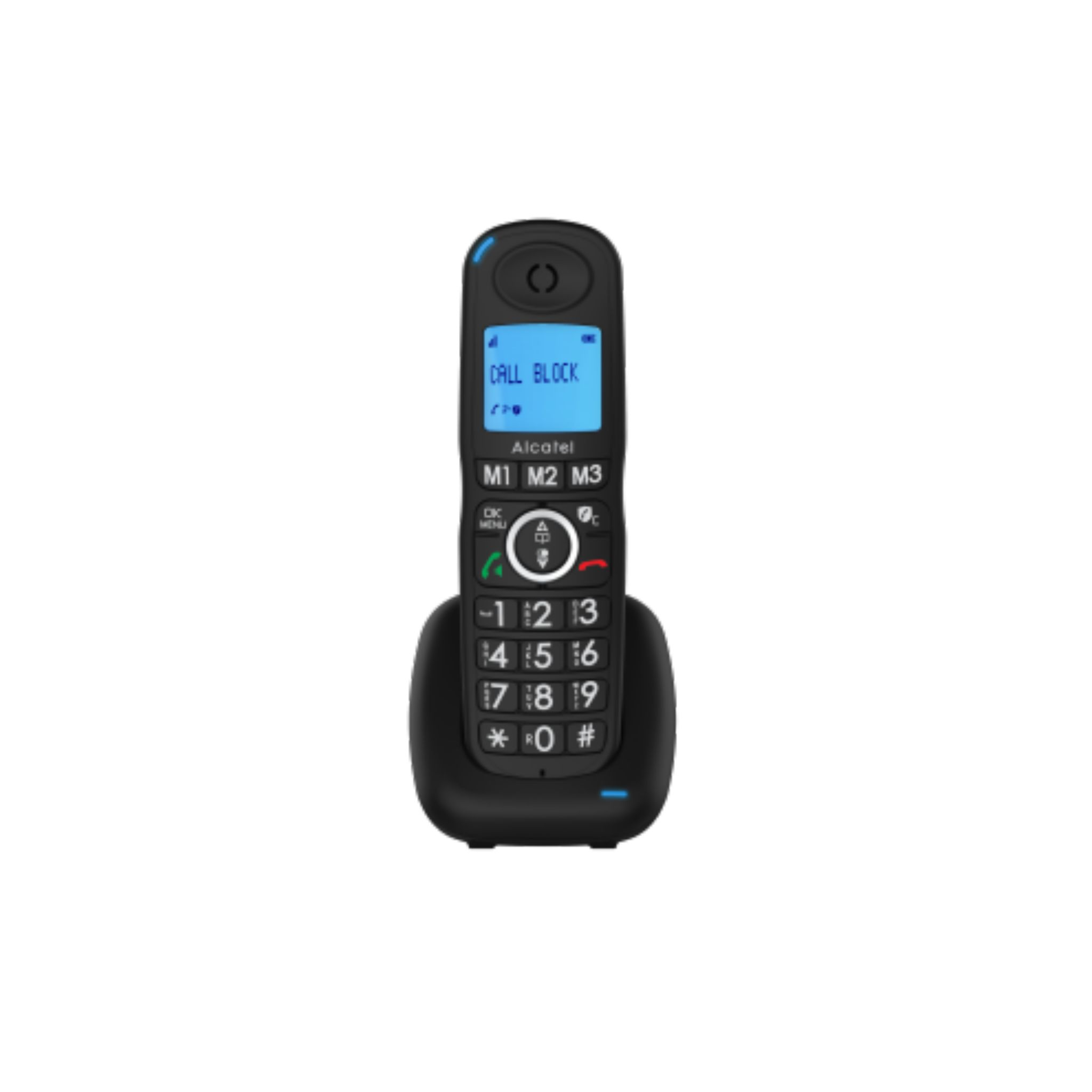 Teléfono inalámbrico negro con base de carga. Una pantalla muestra 'CALL BLOCK'.