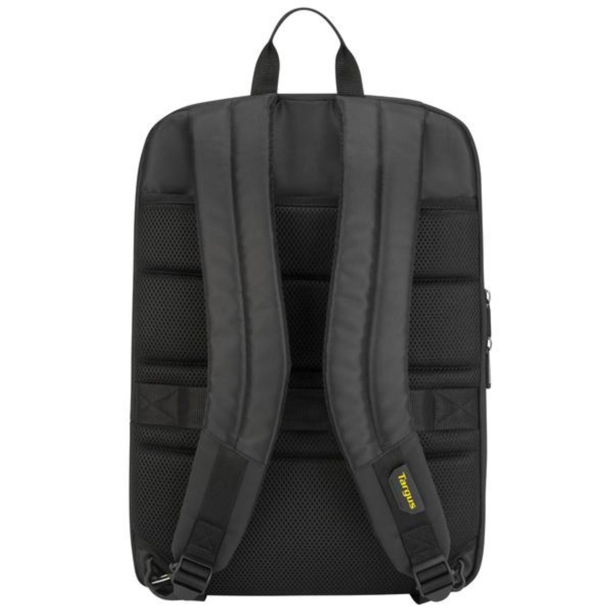 Schwarzer Targus-Rucksack mit gepolstertem Rücken und Trägern sowie einem Mesh-Rückenteil.