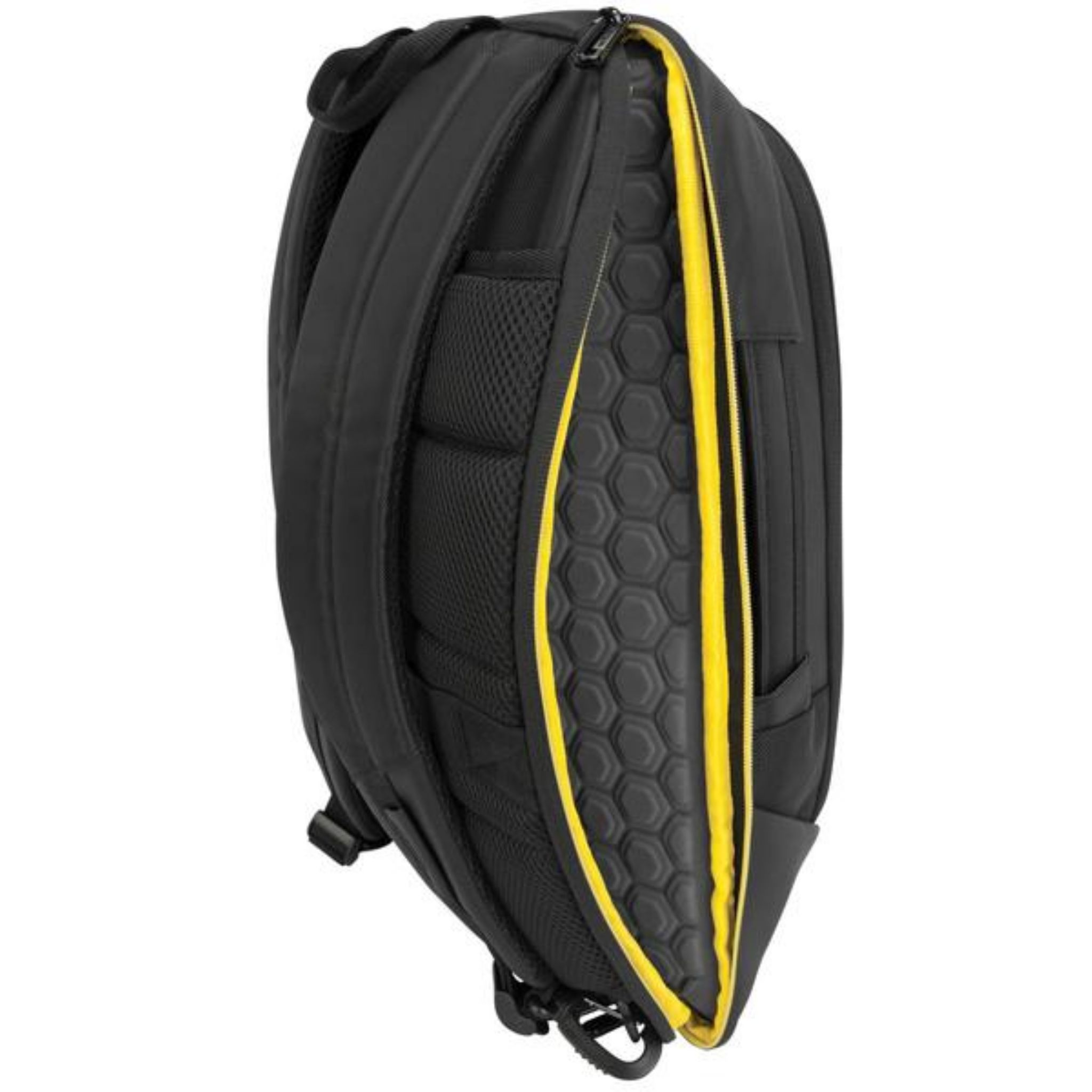 Ein schwarzer Rucksack mit gelben Reißverschlüssen. Der Rucksack ist teilweise geöffnet und zeigt ein gelbes Innenfutter.