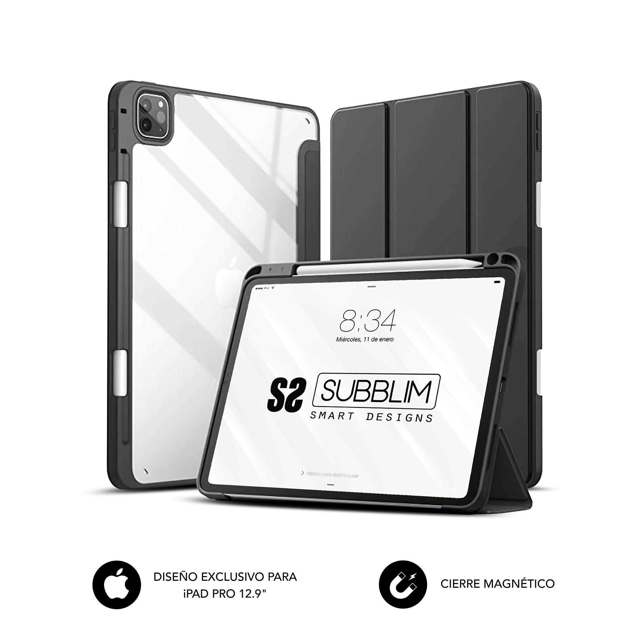 Un iPad Pro con funda, lápiz y cierre magnético. La pantalla muestra la hora y un logotipo.