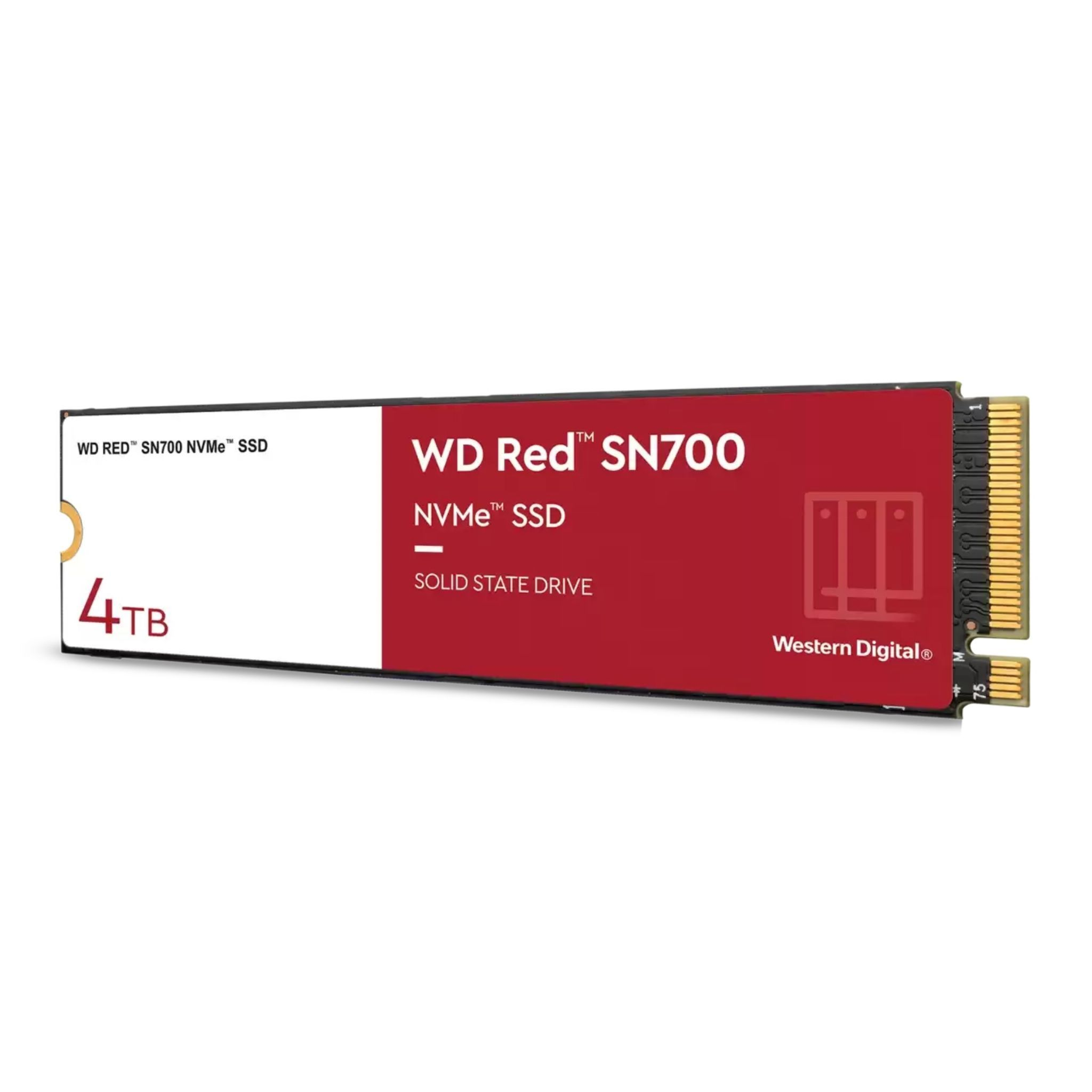 WD Red SN700 NVMe SSD. Biała etykieta z czerwonym paskiem. Pokazuje '4TB' i 'Solid State Drive'. Western Digital.