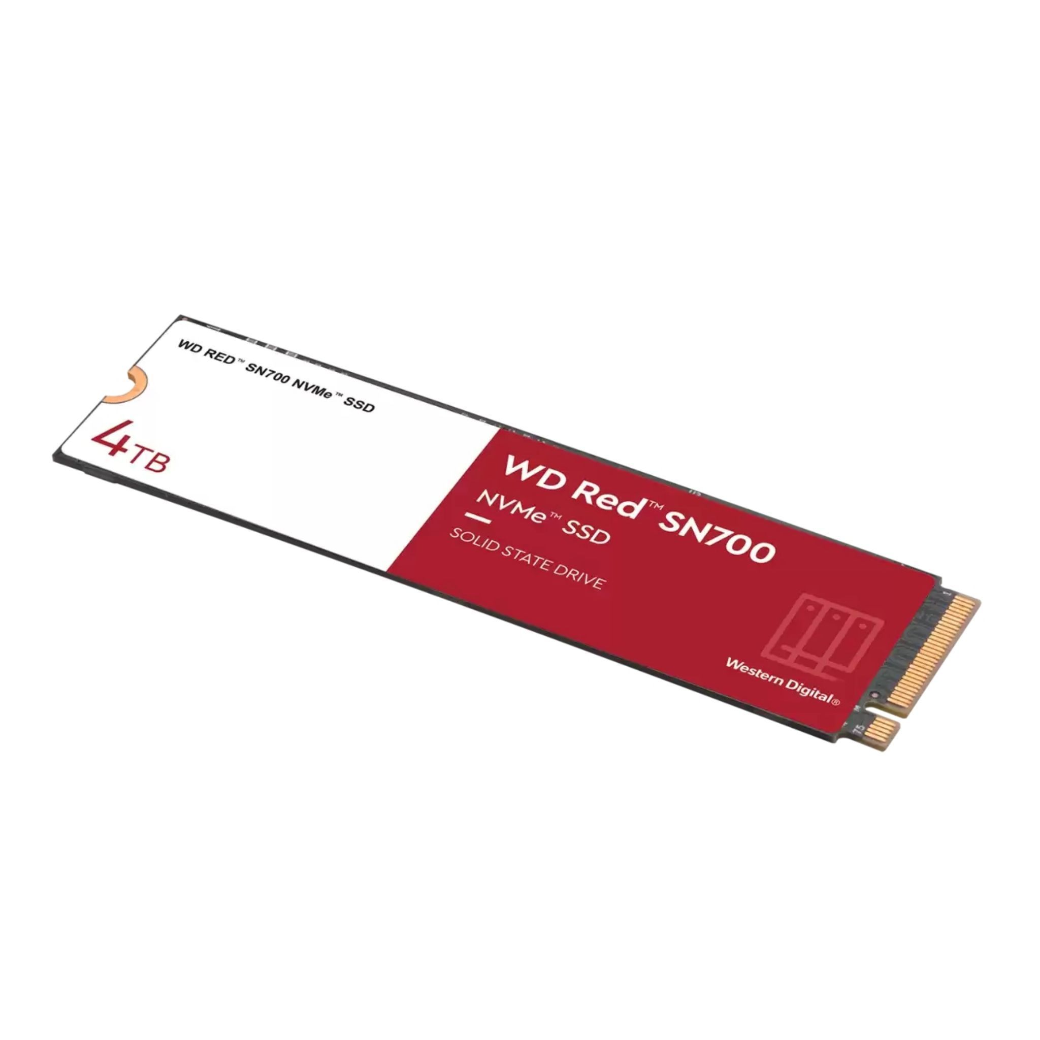 WD Red SN700 NVMe SSD, czerwona i biała etykieta, o pojemności 4 TB. Produkt na białym tle.
