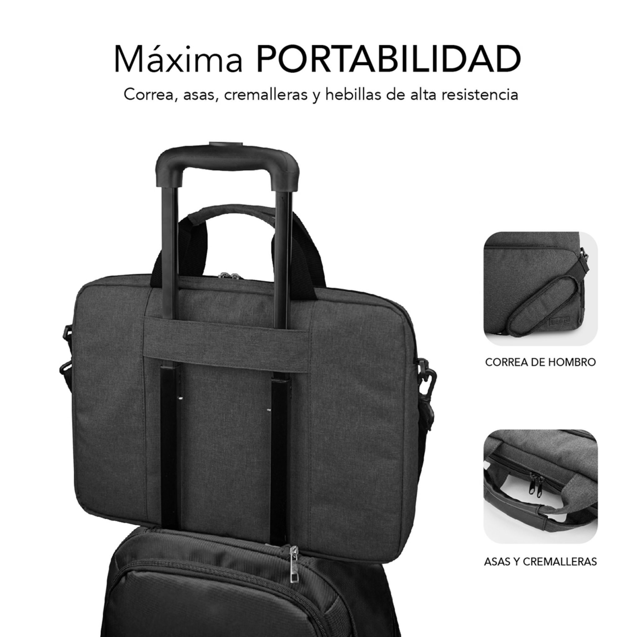 Una borsa per laptop nera e grigia con manico e tracolla, sopra uno zaino.