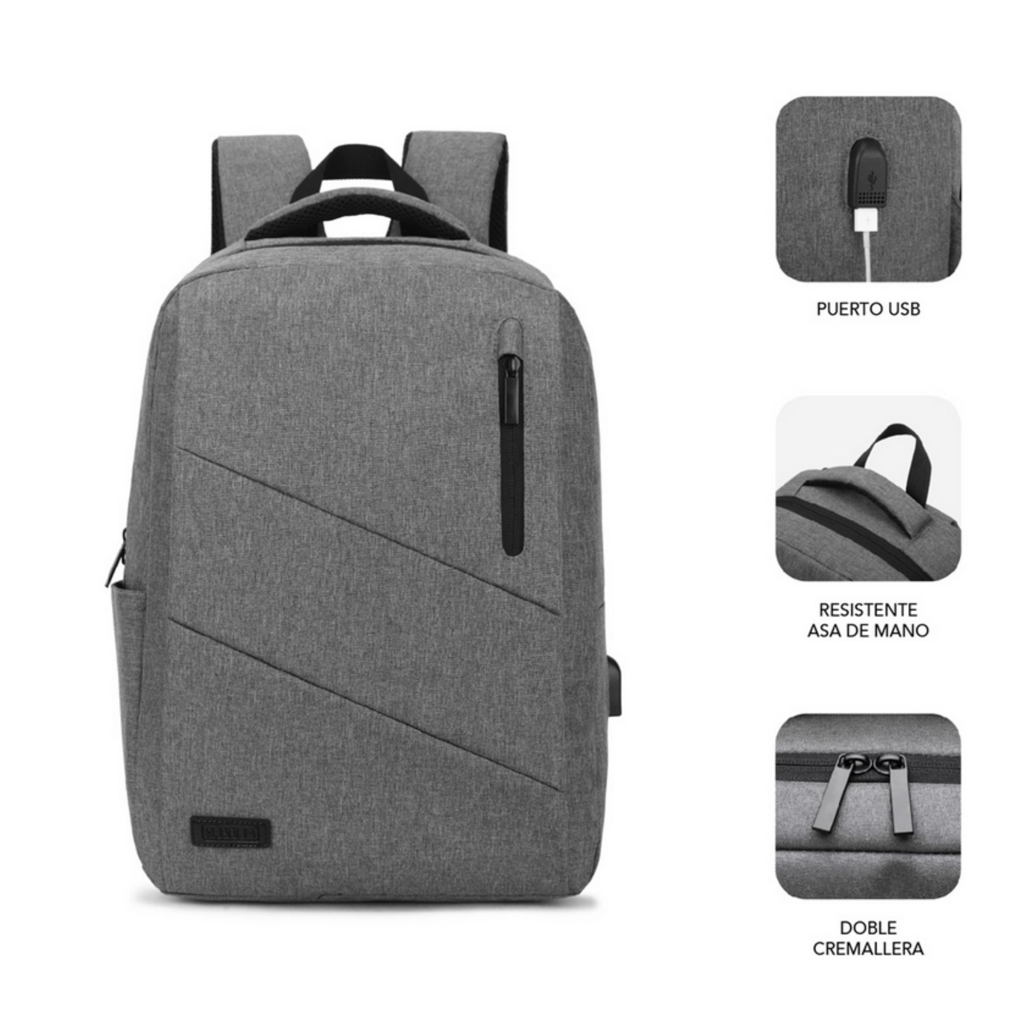 Mochila gris con cremalleras negras e imágenes adicionales de características como puerto USB.