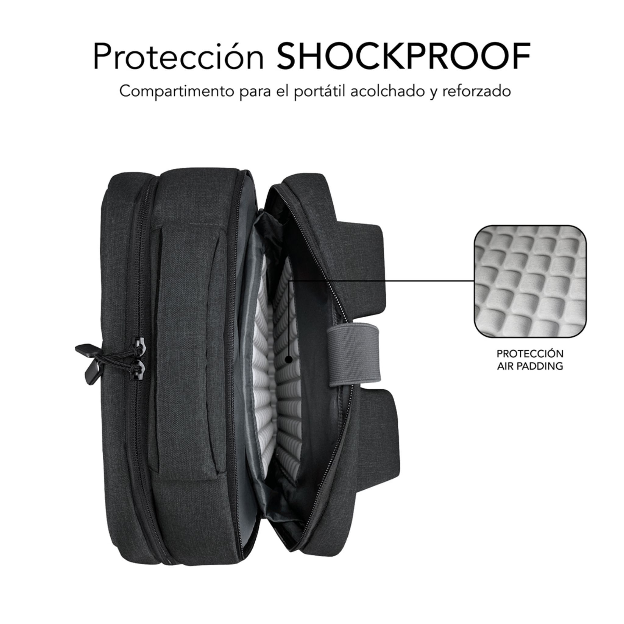 Bolsa para portátil, abierta. Bolsa gris con compartimento para portátil y acolchado. Texto con flecha al acolchado.