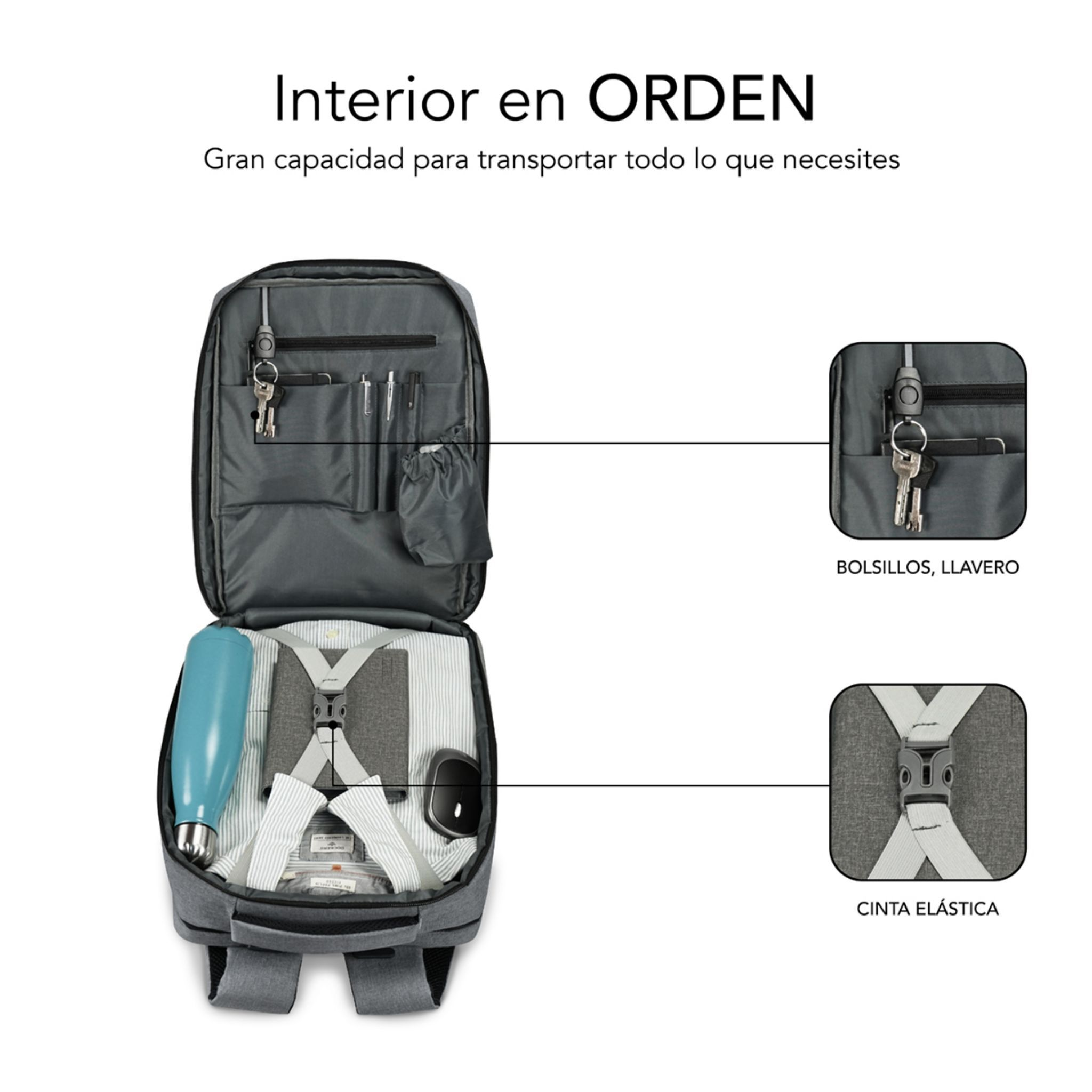 Mochila abierta con objetos dentro. Incluye una botella de agua, bolígrafos, llaves y una camisa.