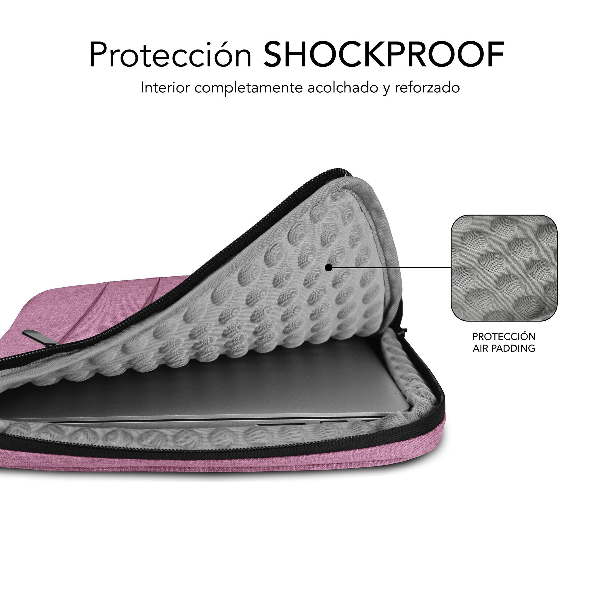 Funda rosa para portátil abierta, mostrando acolchado de espuma para protección a prueba de golpes. Un portátil está dentro.