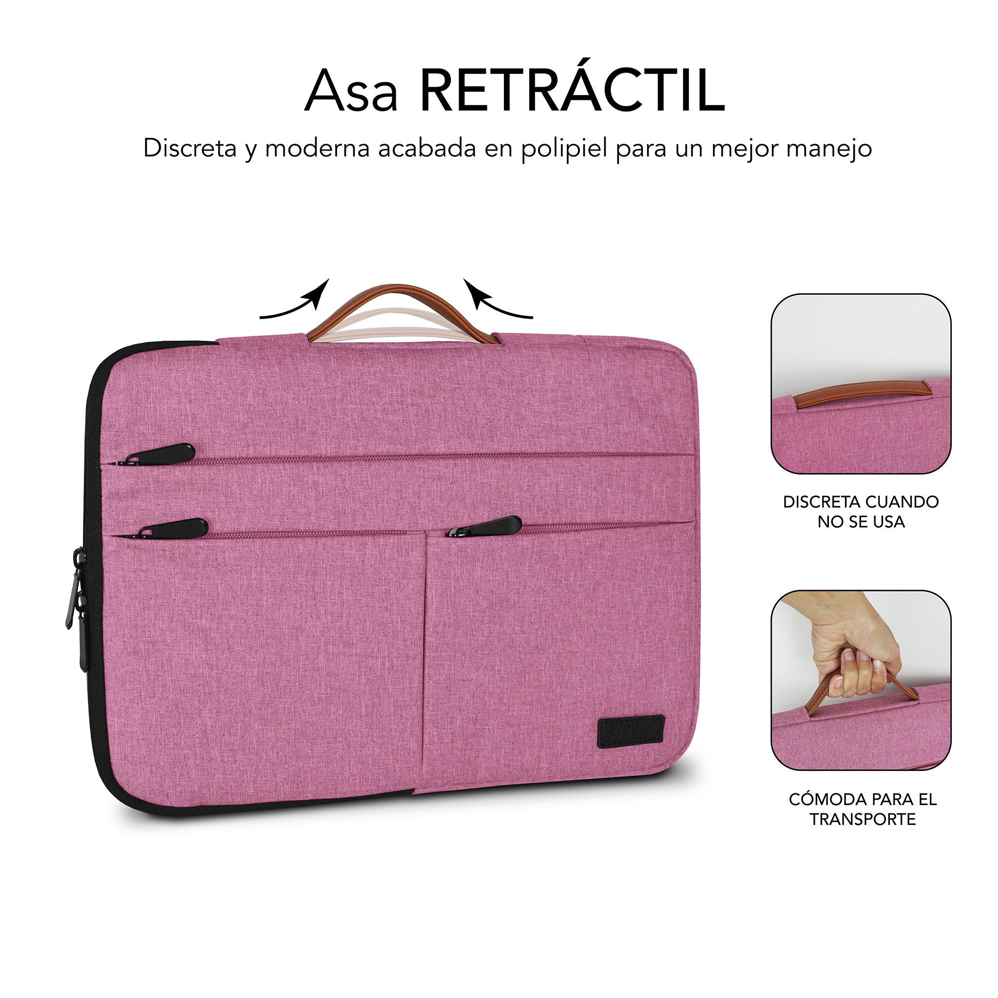 Funda rosa para portátil con dos bolsillos delanteros y asa. Asa y bolsillo en detalle.