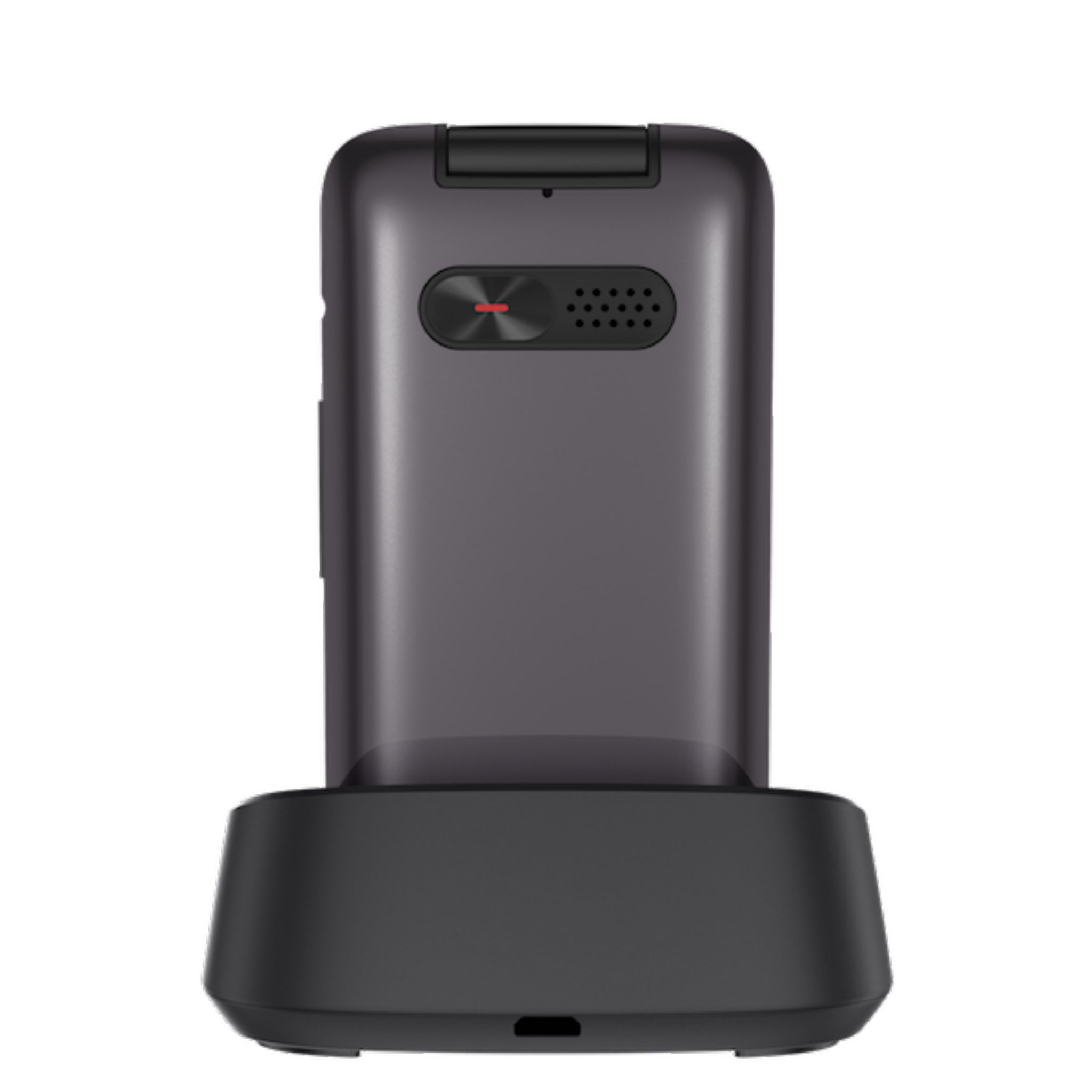 Ciemnoszary telefon z klapką w czarnej stacji ładującej na białym tle.