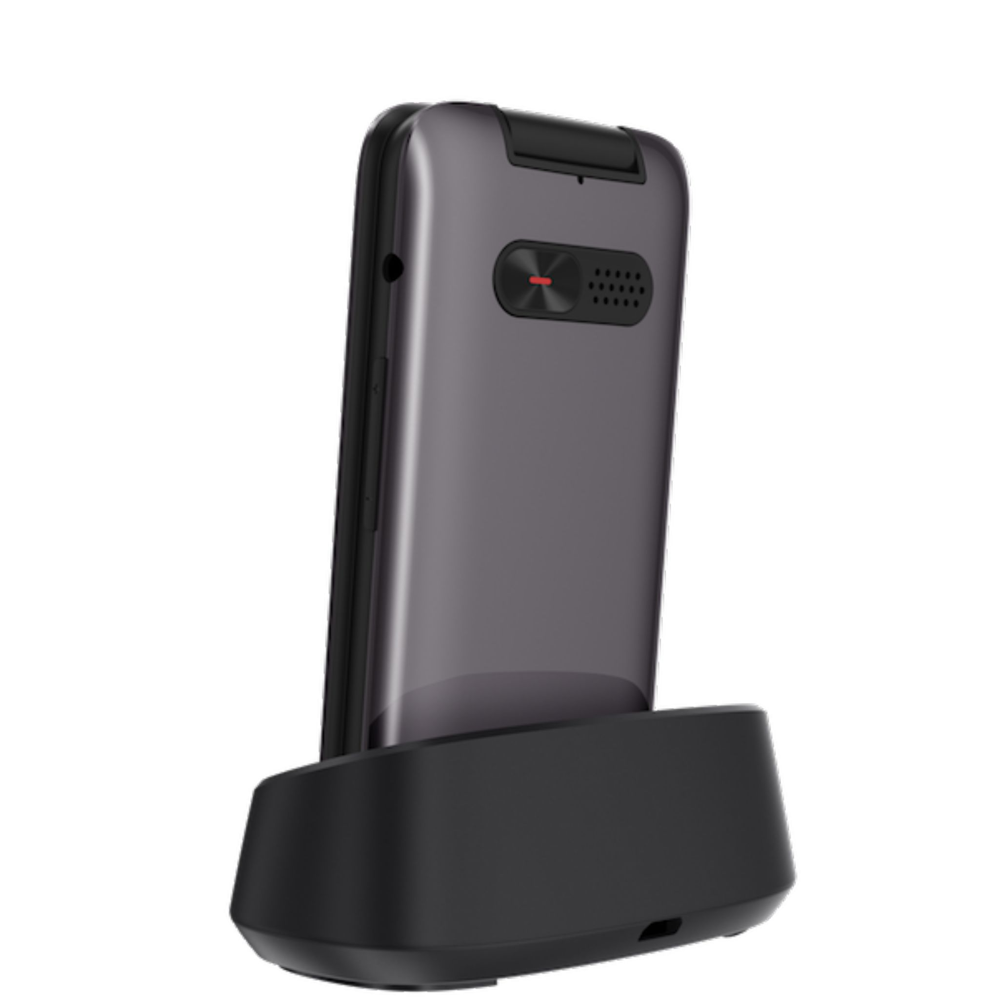 Szary telefon z klapką w czarnej stacji ładującej.