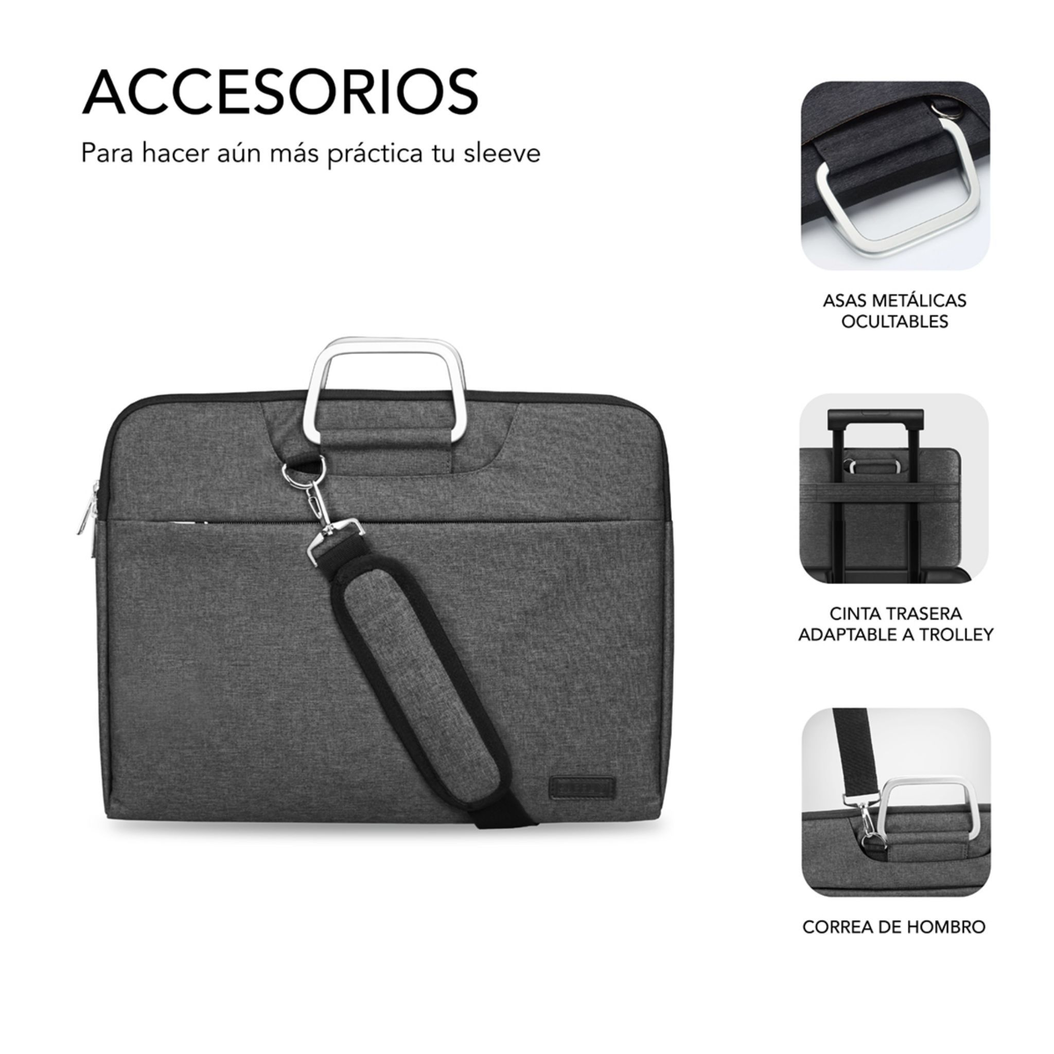 Una custodia grigia per laptop con tracolla, maniglie e cinturino staccabile con anelli metallici.