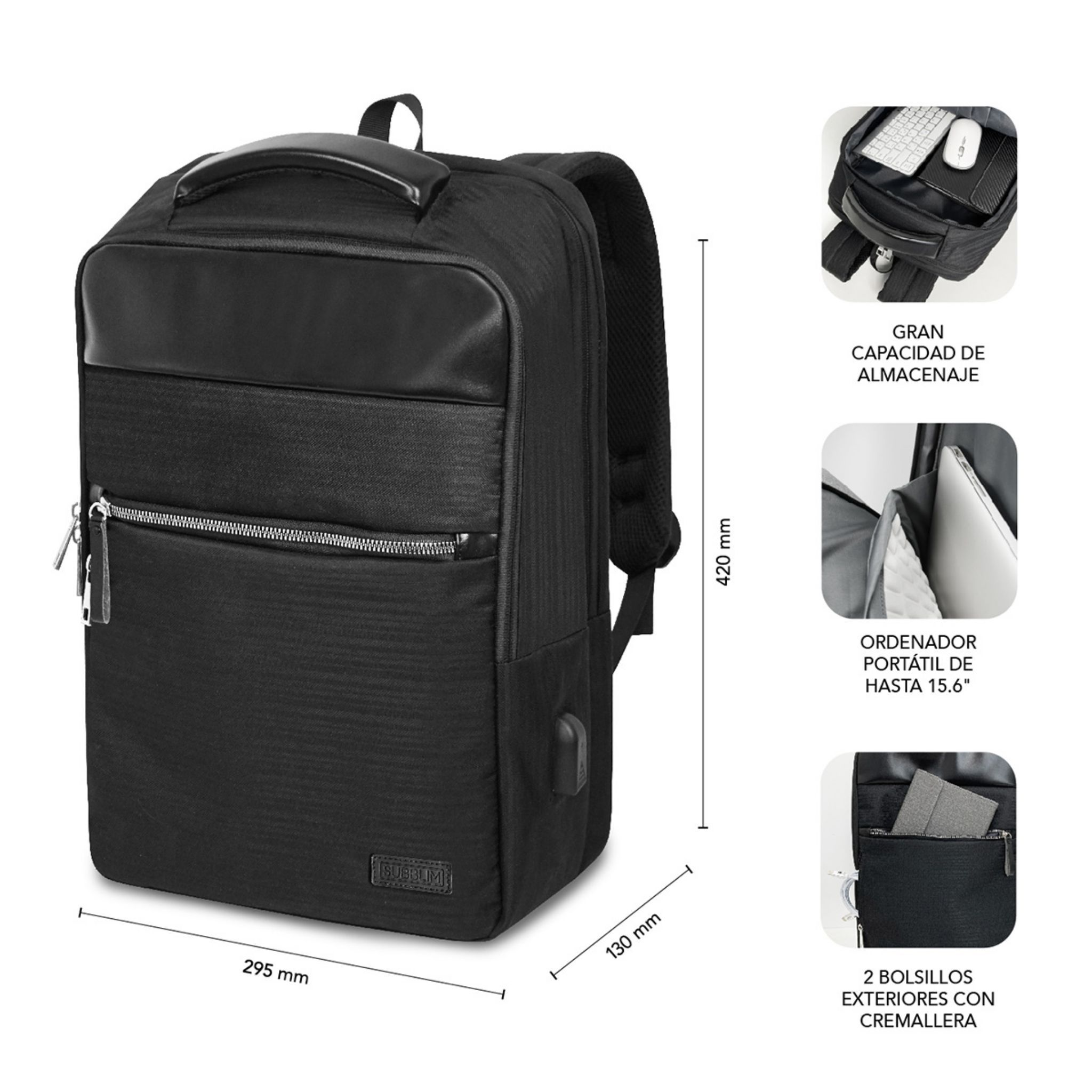 Mochila negra con bolsillos y dimensiones. Tiene asa y puerto USB.