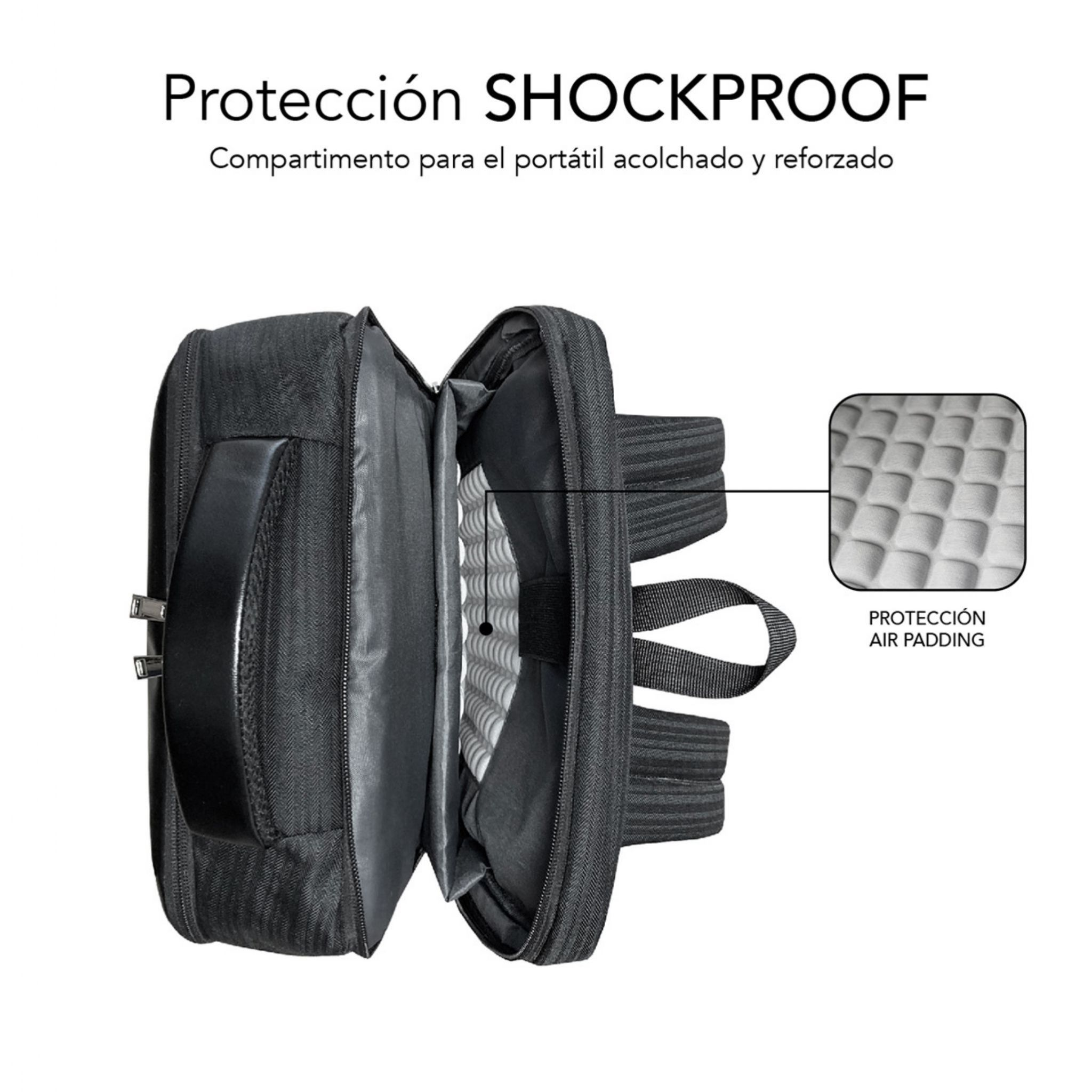 Bolsa para portátil negra con protección acolchada y asa.