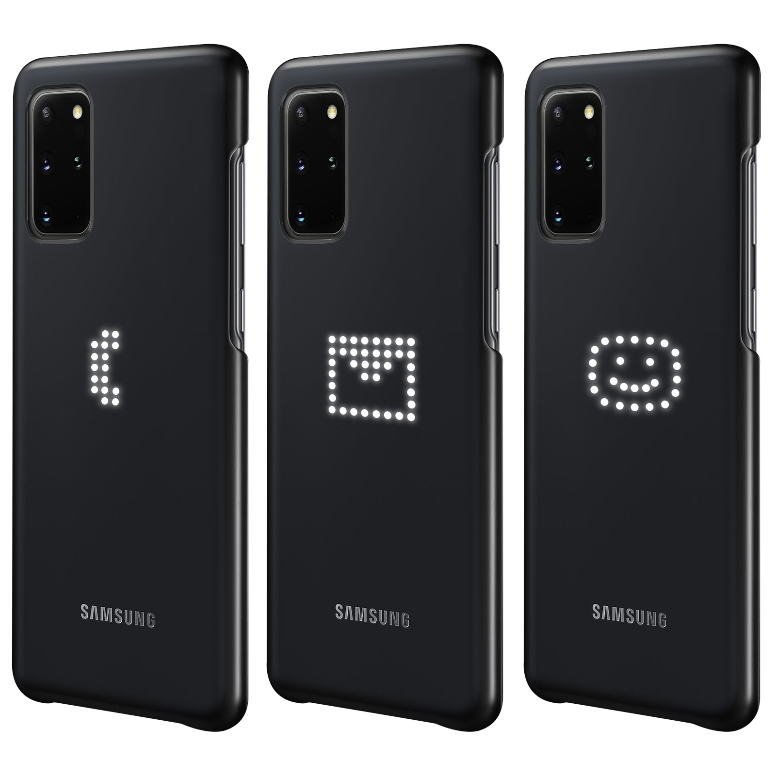 Trois coques de téléphone noires avec des affichages LED montrant différents symboles.