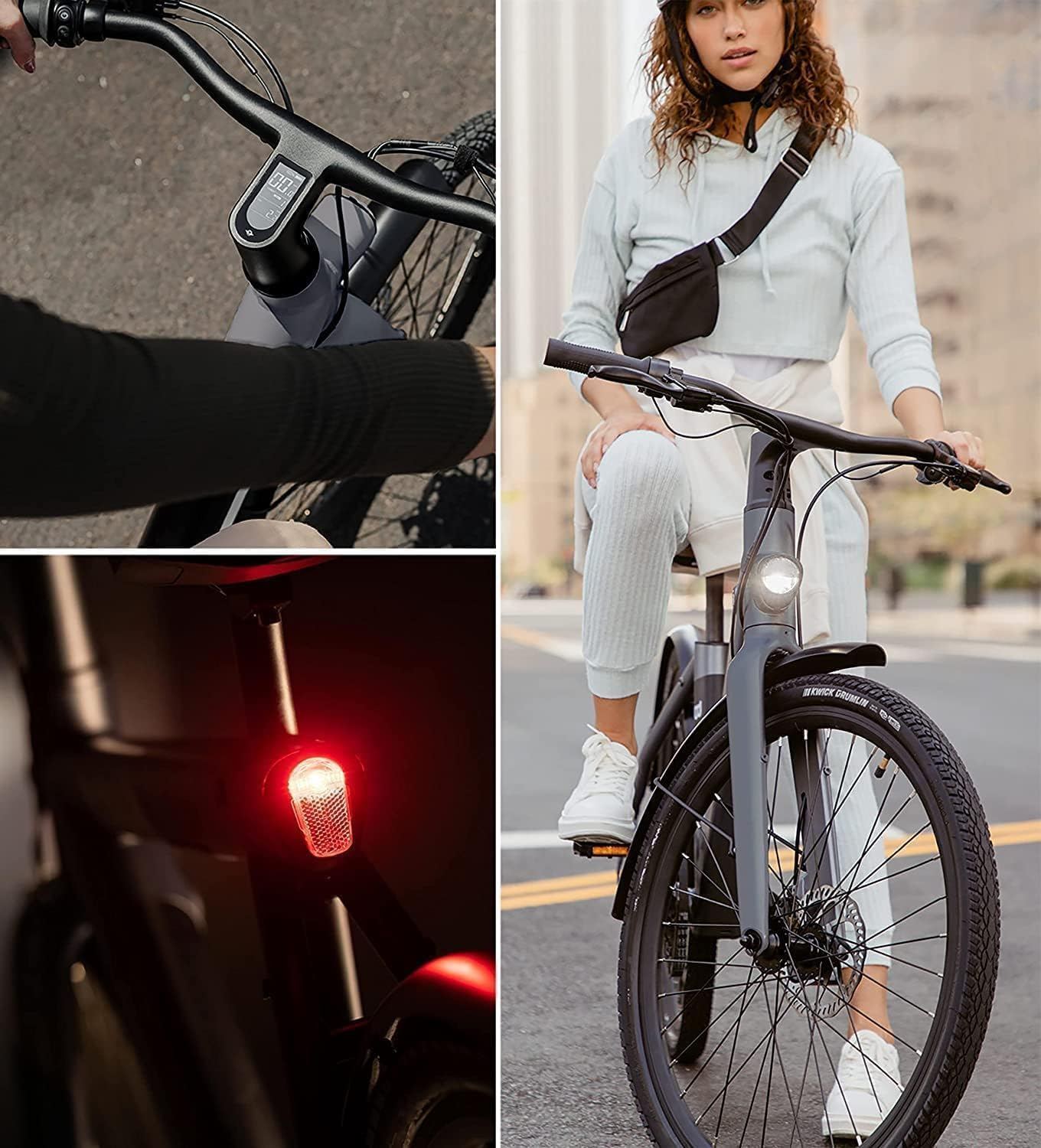 Eine Frau fährt ein schwarzes E-Bike. Das Fahrrad hat ein Licht und rotes Licht hinten.