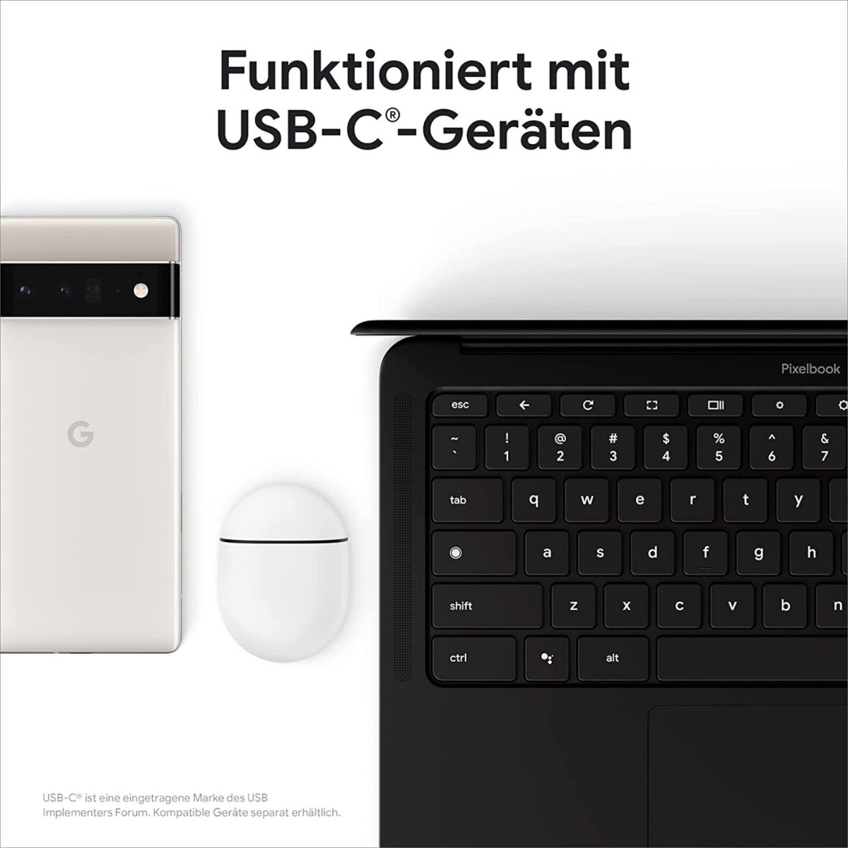 Ein weißes Google-Telefon, weiße Ohrhörer und eine schwarze Pixelbook-Tastatur liegen auf weißem Grund.