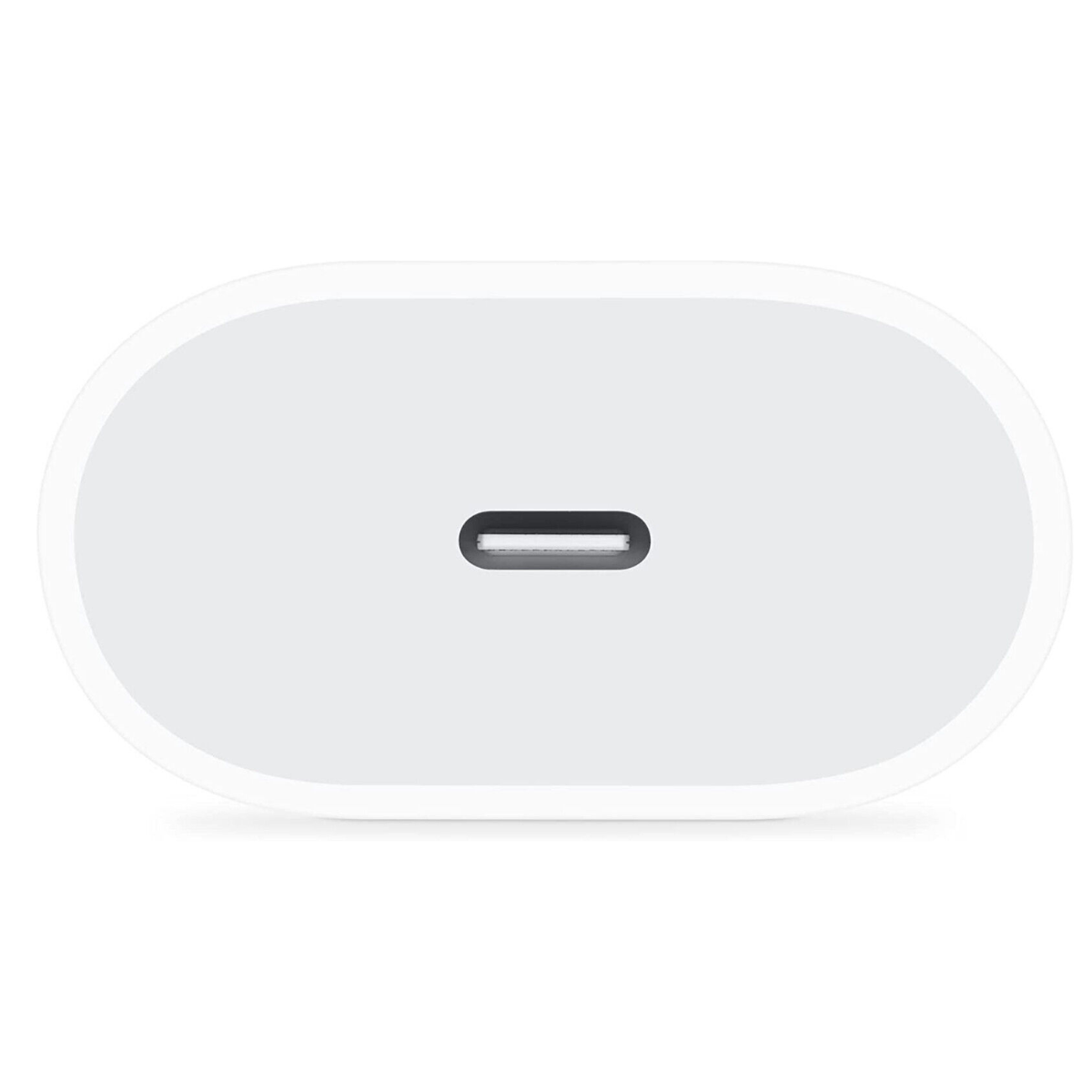 Ein weißer USB-C-Anschluss. Der Anschluss ist oval und hat ein schwarzes Rechteck in der Mitte.