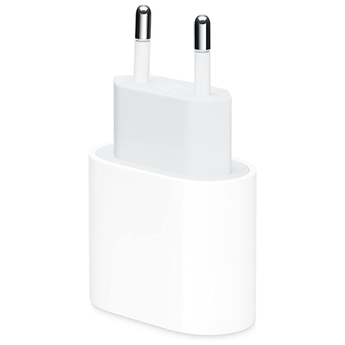 Ein weißes iPhone-Ladegerät mit kurzem, abgerundetem Gehäuse und zwei silbernen Stiften zum Einstecken in die Steckdose.