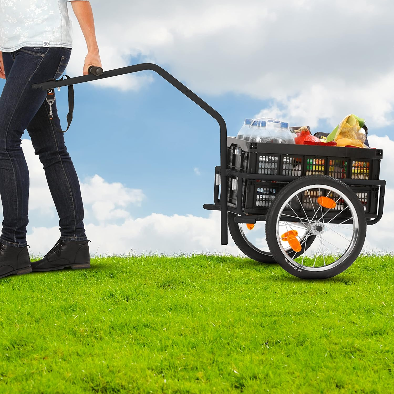 Eine Person zieht einen schwarzen Einkaufswagen mit Lebensmitteln über Gras unter blauem Himmel. Die Räder sind sichtbar.