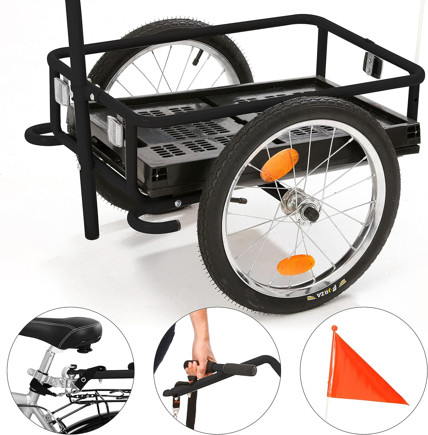 Ein schwarzer Fahrradanhänger mit zwei Rädern und einer orangefarbenen Fahne.